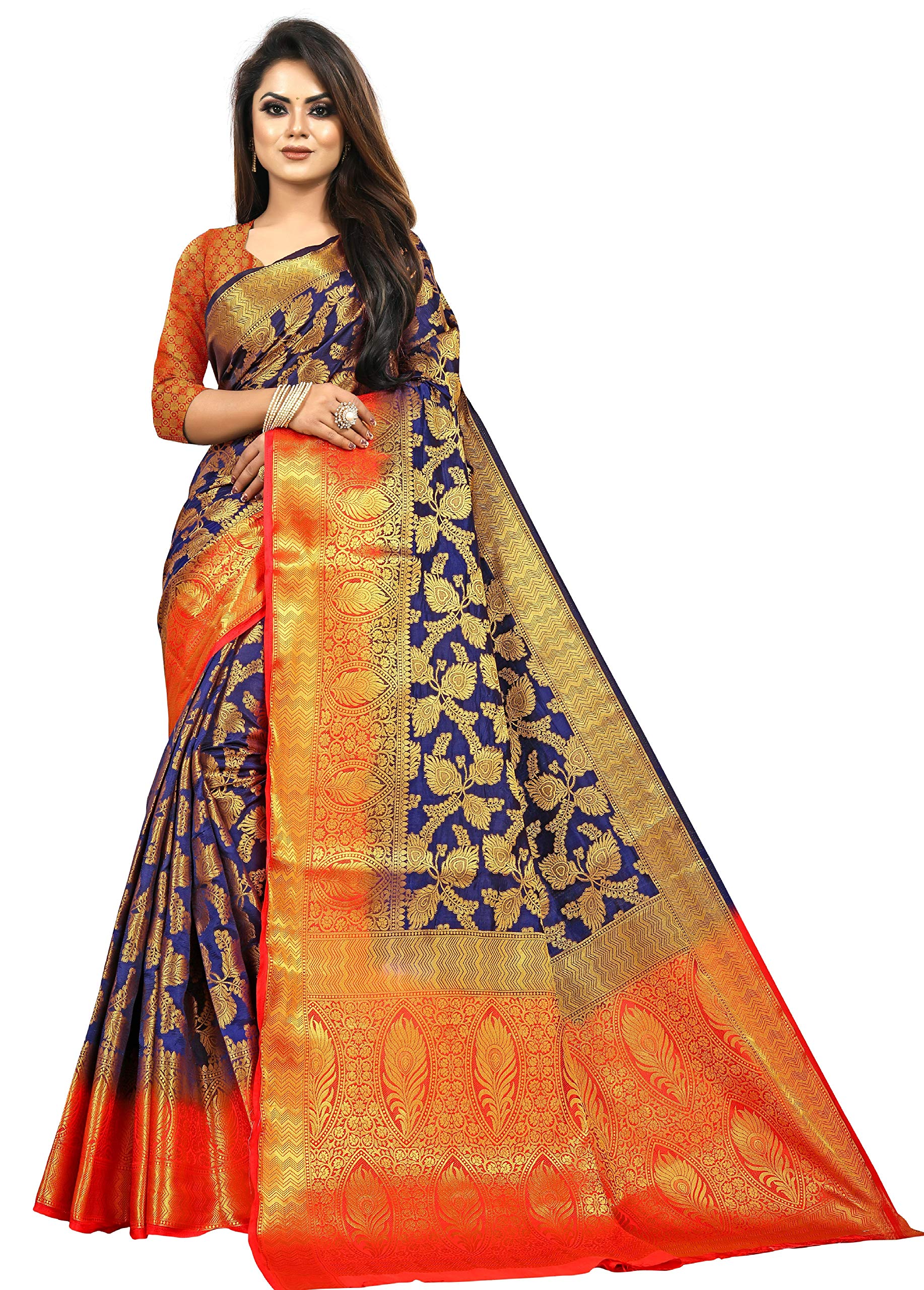 C J EnterpriseWomen's Kanjivaram Silk Sarees Pure With Blouse Piece (D47_dark_navy_blue_red_wedding)