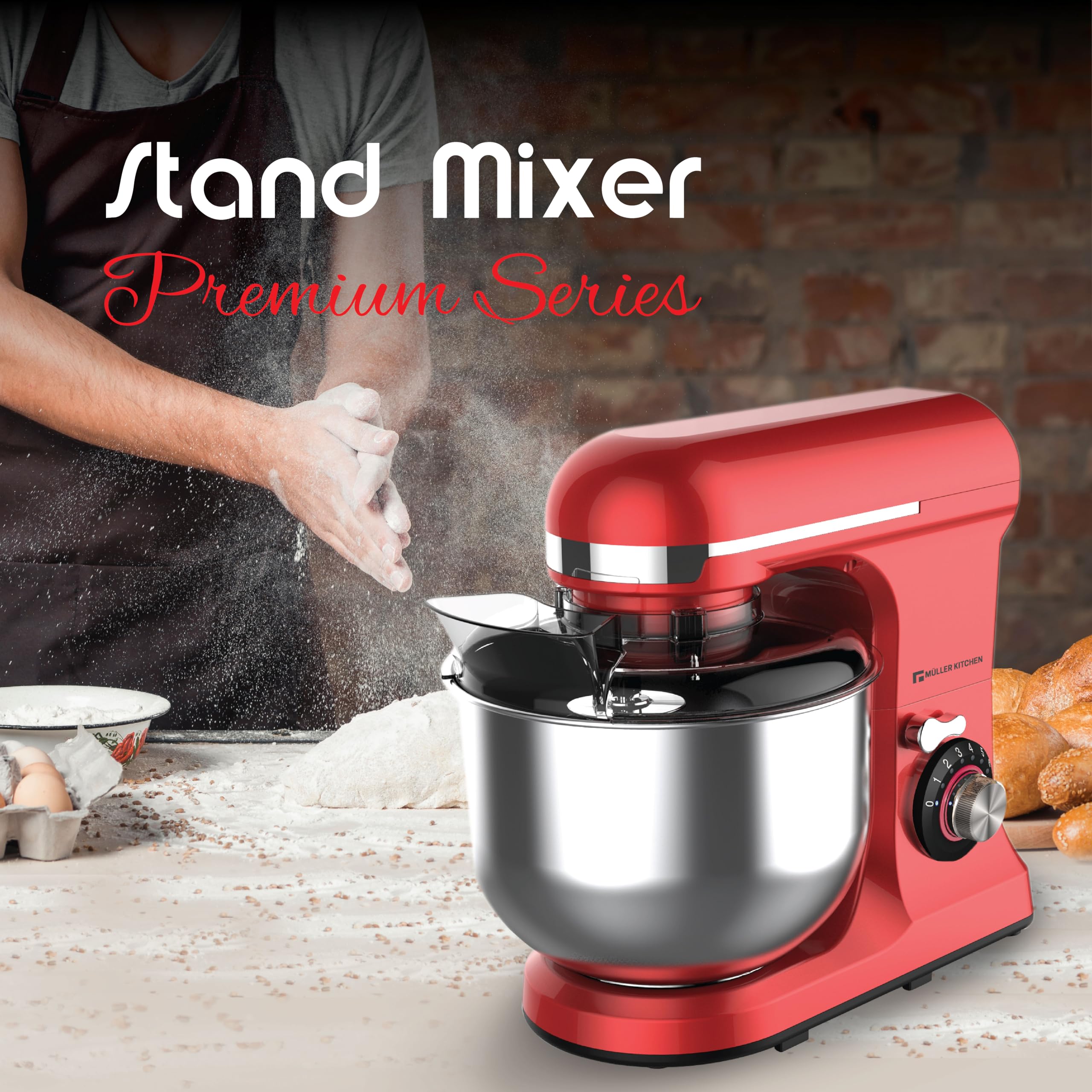 Müller Kitchen MK-6039 7L Robot kuchenny (w tym trzepaczka, hak do ugniatania i hak do mieszania, osłona na kurz)