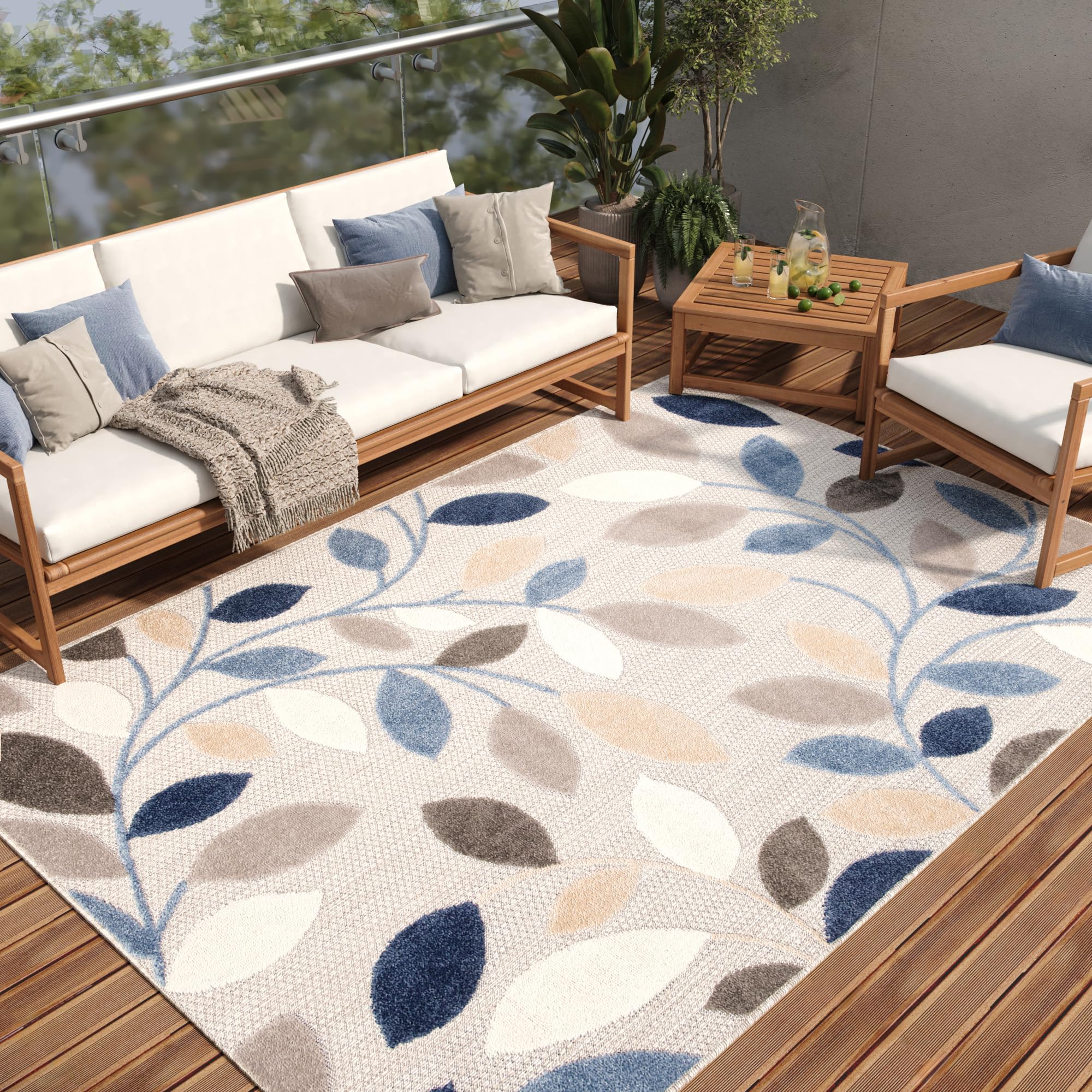 TAPISO Alfombra para terraza, Exterior, Interior, terraza, balcón, jardín de Invierno, Cocina, salón, Moderna, Beige, Azul, Gris, Hojas, Aspecto 3D, Resistente a la Intemperie, Oeko-Tex, 200 x 300 cm