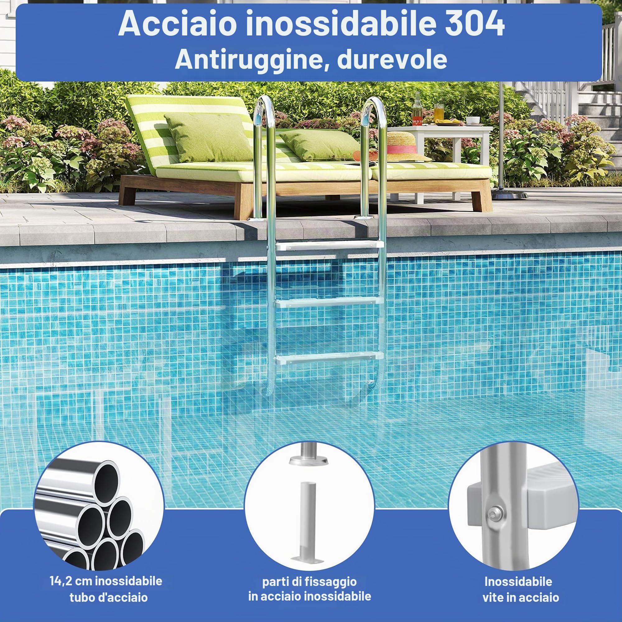UISEBRT 304 - Scala per piscina in acciaio inossidabile con 4 gradini | 157 x 54 x 26,5 cm - Argento | Scala da piscina con antiscivolo | Scala per l'ingresso a piscina e vasca | Resistente fino a 150