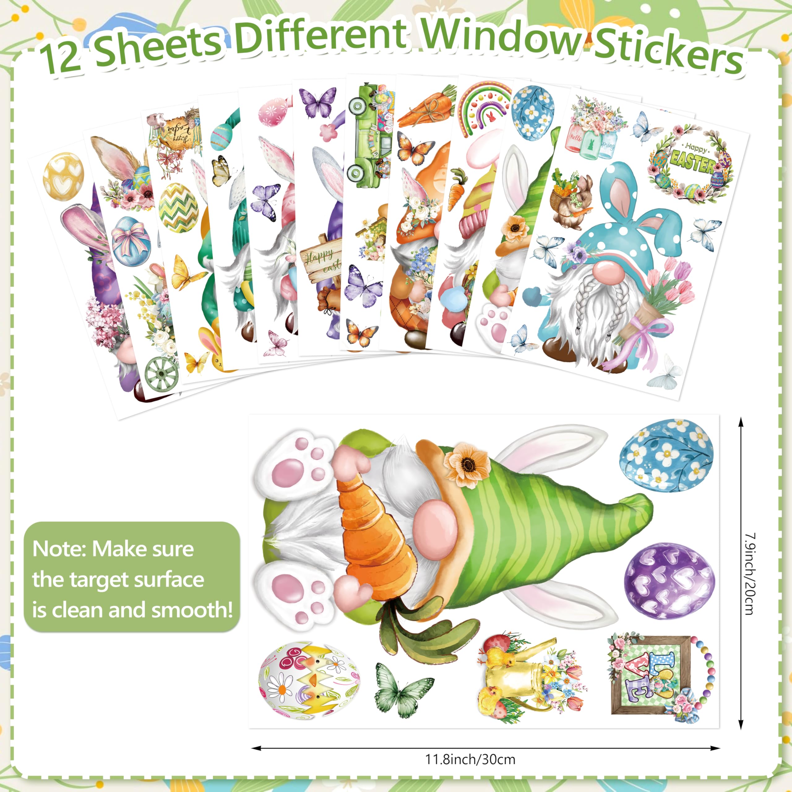 Easter Window Clings 12 Sheets, Spring Easter Gnome Window Decals Stickers, Removable Easter Egg Bunny Window Decorations for Glass Windows Holiday Home School Office Decor