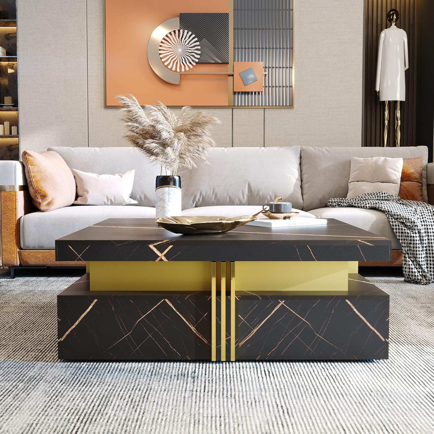 GDFStudio Barsv Modern Square Coffee Table with 4 Drawers, Stylish Storage Accent Table, Living Room Furniture with Ample Space, Remote Control Organizer, Glam Home Decor, Black + Gold