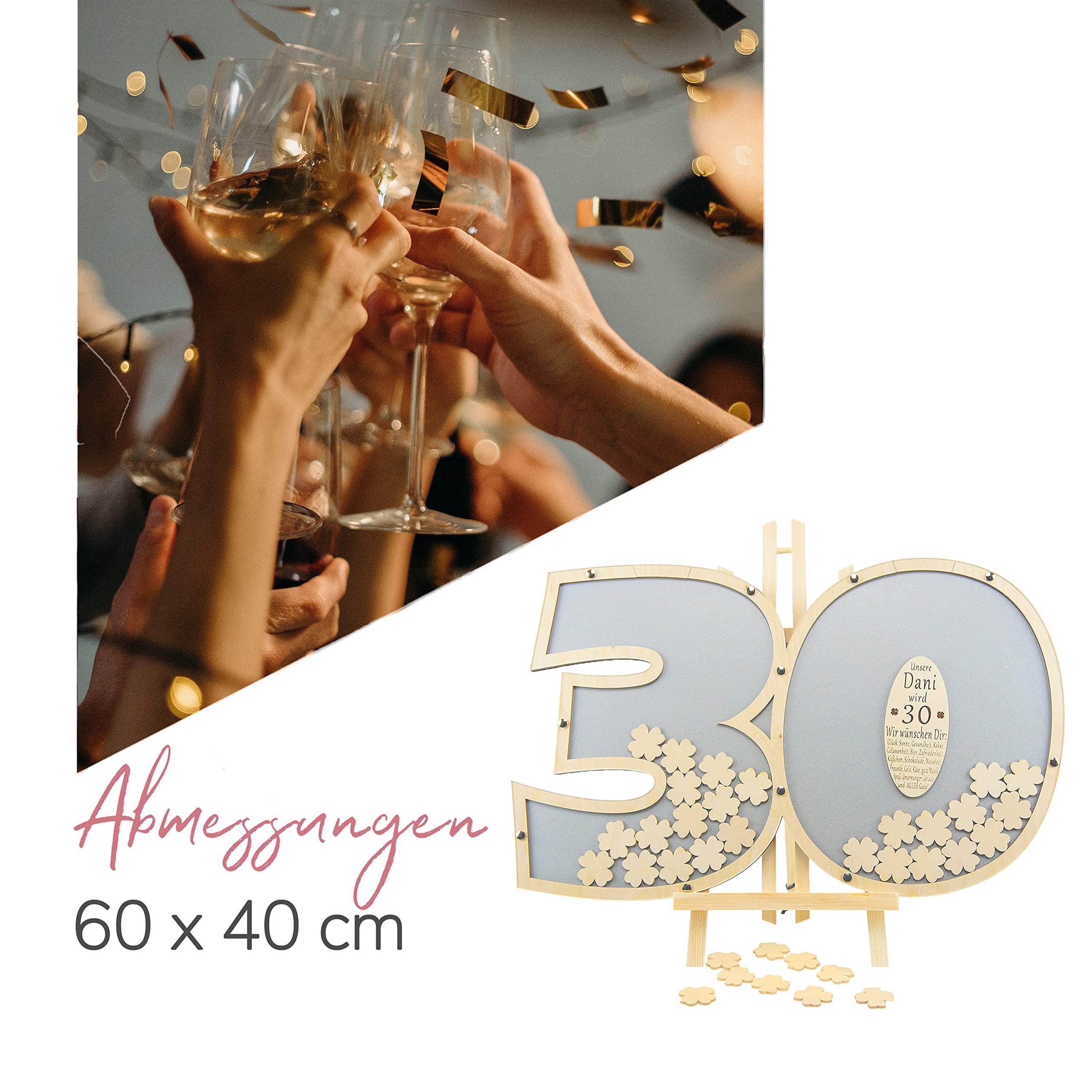 Besonderes personalisierbares Gästebuch aus Holzzahlen 30 | 40x60cm in silber | Holz Kleeblätter zum Beschriften | Geburtstagsdeko | Made in Germany