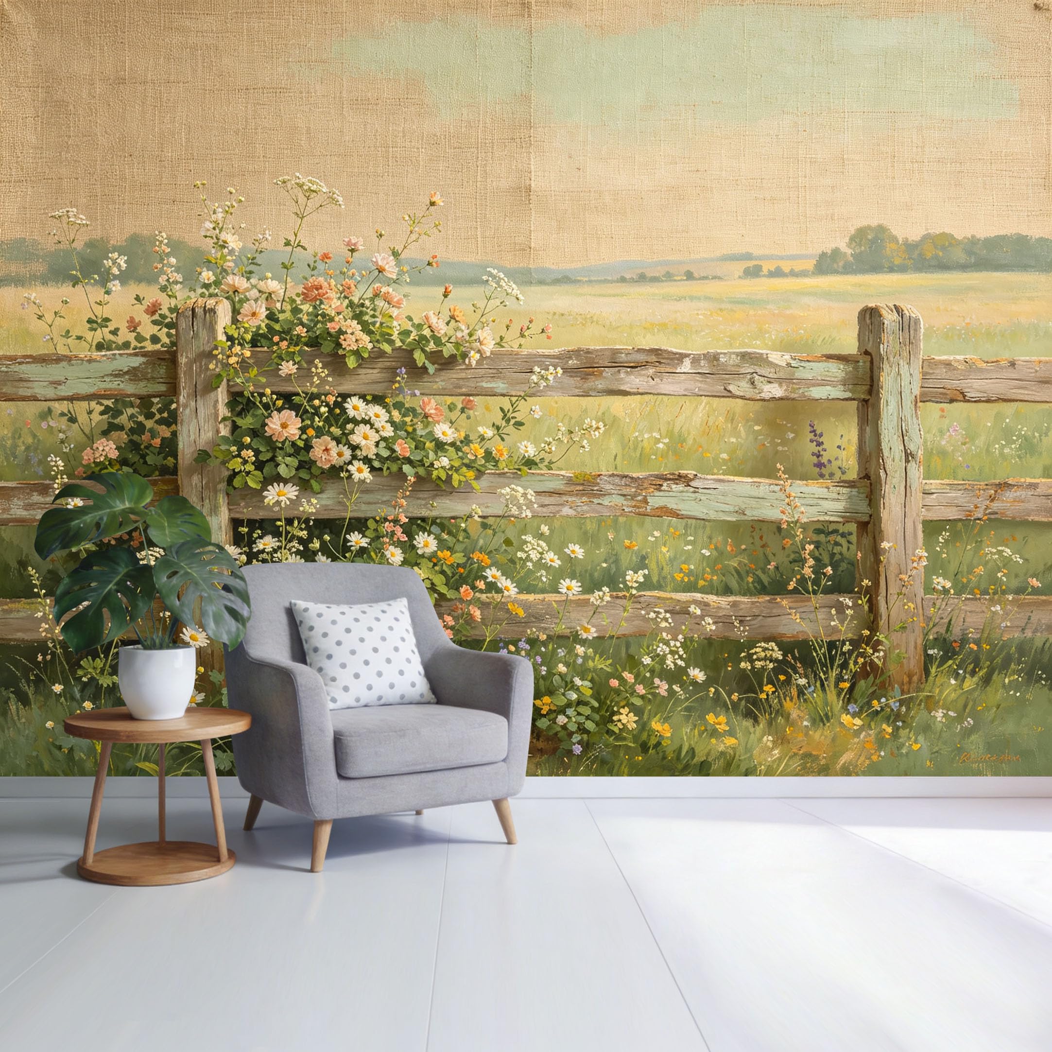 Custom Size Wall Mural Rustic Wooden Fence Wildflower Meadow Landscape Botanical Vintage Farmhouse Style SelfAdhesive Wall Fabric Removable Wallpaper for Home Office Decor