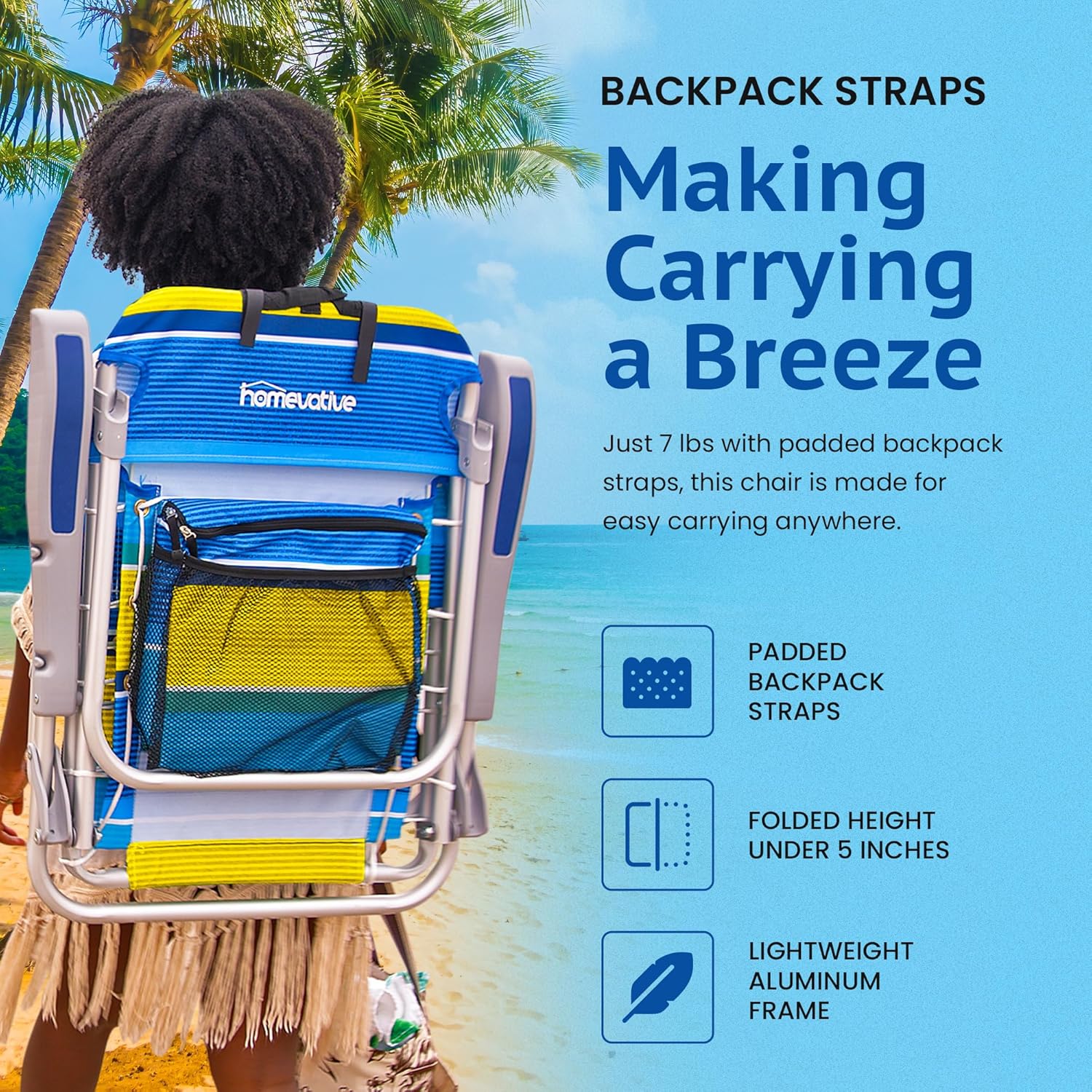 Homevative Cooler+ Folding Backpack Beach Chair with 5 Positions, Towel bar, XL Cooler Pouch, Storage Net, Cup and Phone Holder, Sunshine