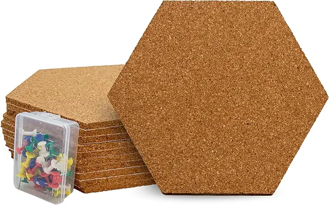 Raylu Paper® Hexagonal Wall Cork Boards with Push Pins - 10 Self-Adhesive Natural Cork Panels