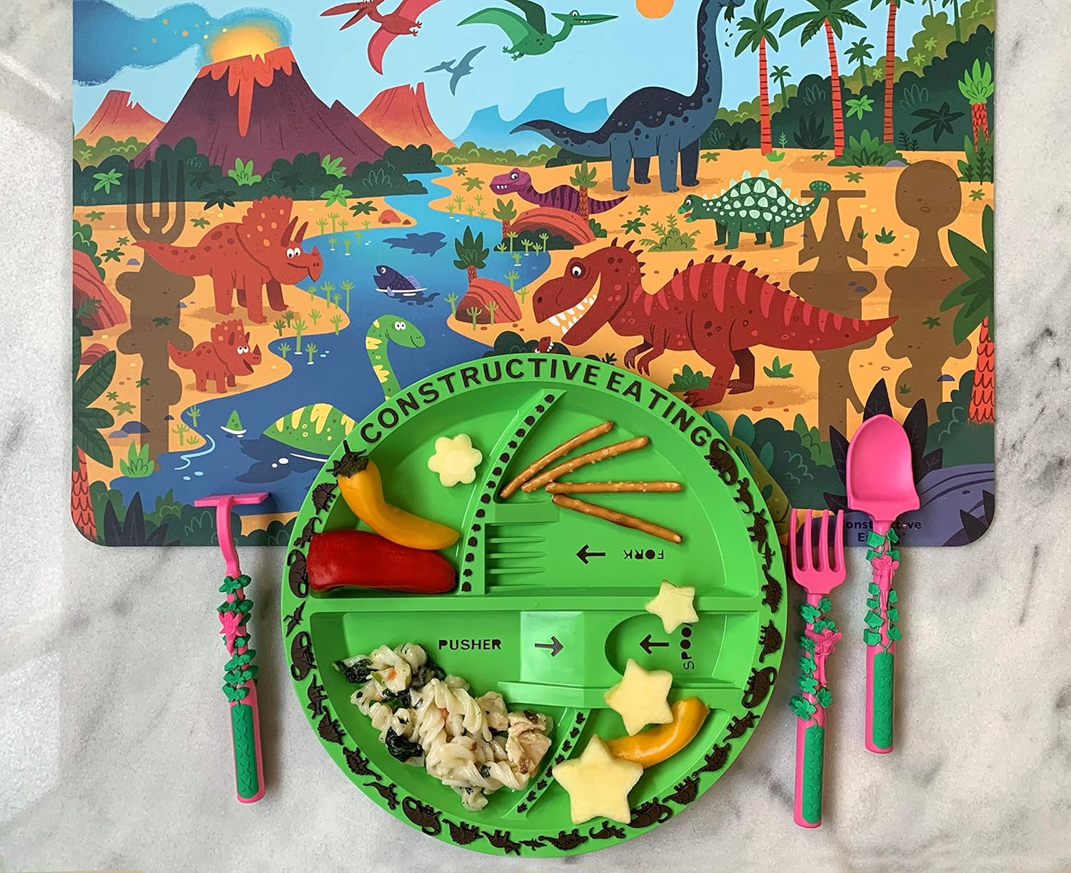 Constructive Eating Made in USA Combo with Set of 3 Garden Utensils, Dinosaur Plate and Placemat for Toddlers, Infants, Babies and Kids - Made With Materials Tested for Safety