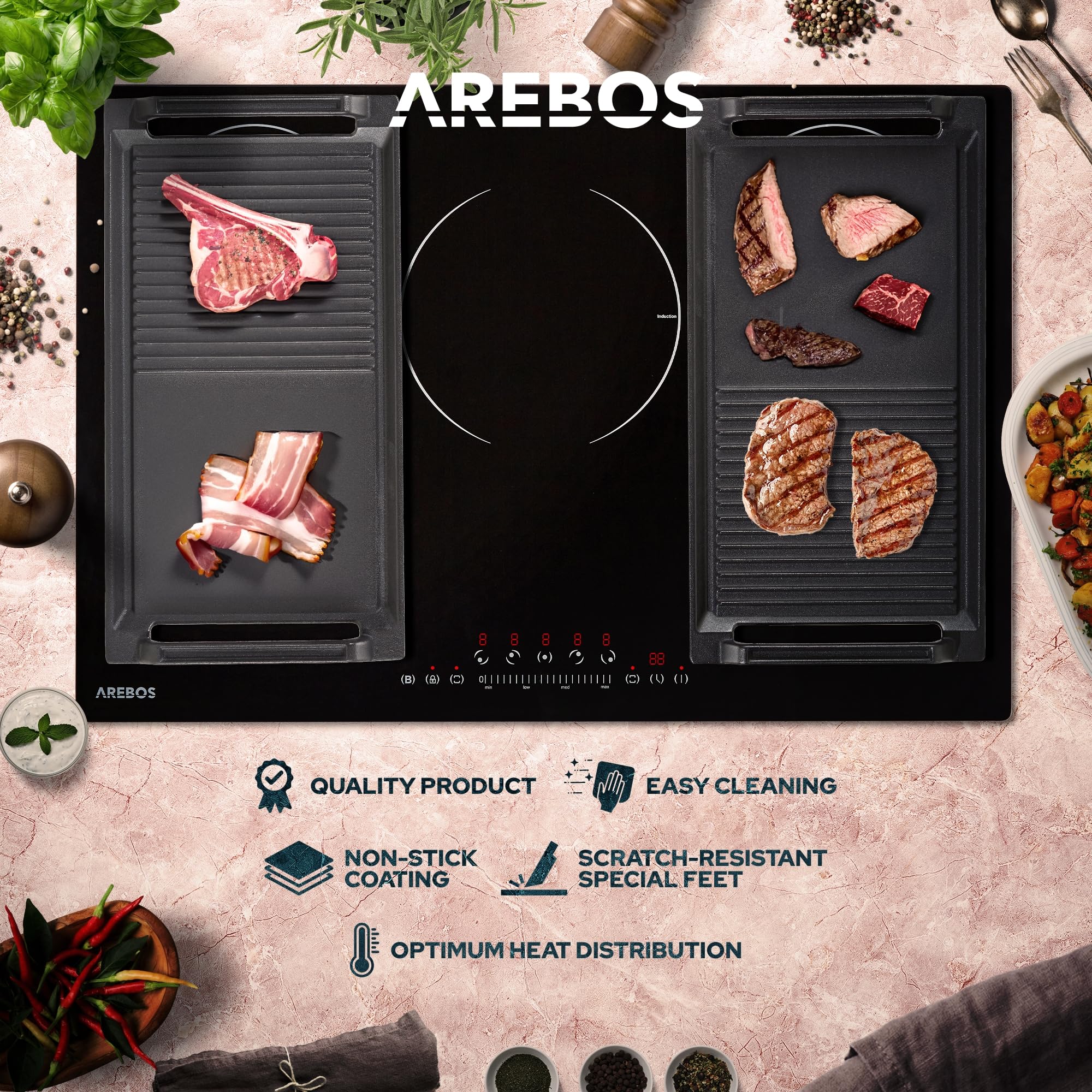 Arebos Placa de parrilla para inducción | Placa de freír de 17.2 x 9 pulgadas | Hierro fundido especialmente para cocinas de inducción | con base antiadherente resistente a los arañazos |