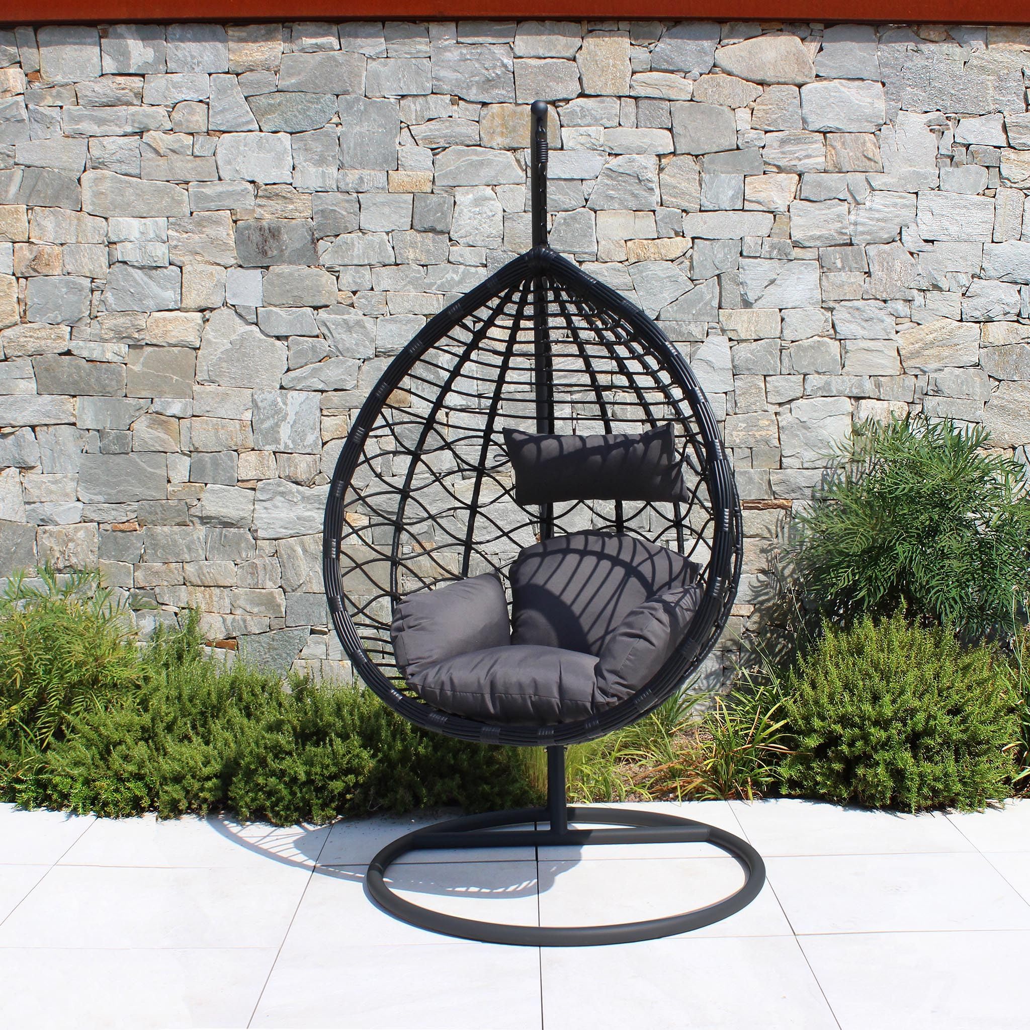 Milani Home - sedia sospesa da giardino in wicker e acciaio con cuscino, poltrona relax per terrazzo e veranda, nero