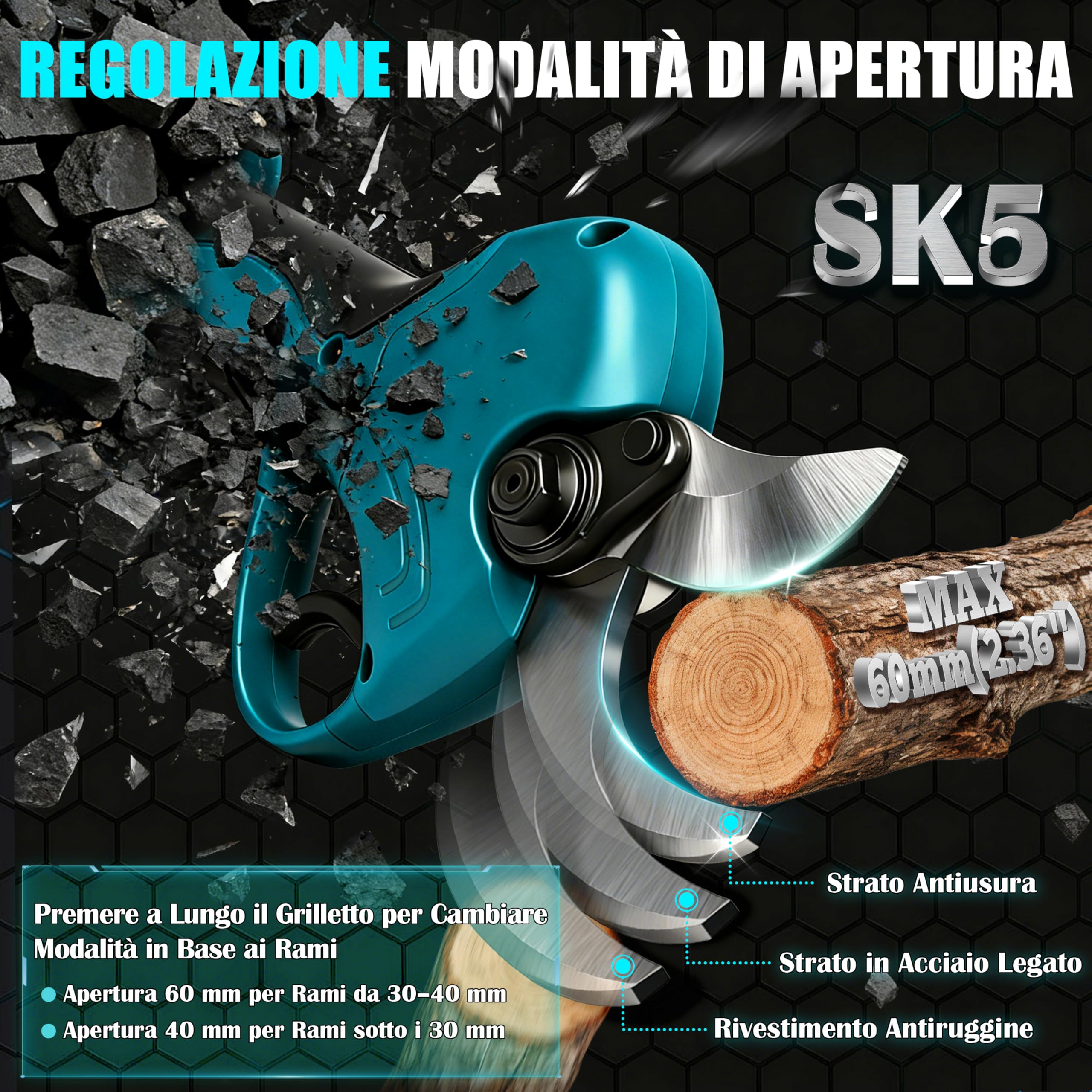 Forbici Potatura Elettriche, 60mm Cesoie Potatura Elettriche Professionali con Lama in Acciaio SK5 800W Motore Brushless Schermo LCD, Forbice Elettrica per Giardino Fattoria (Con Batteria)