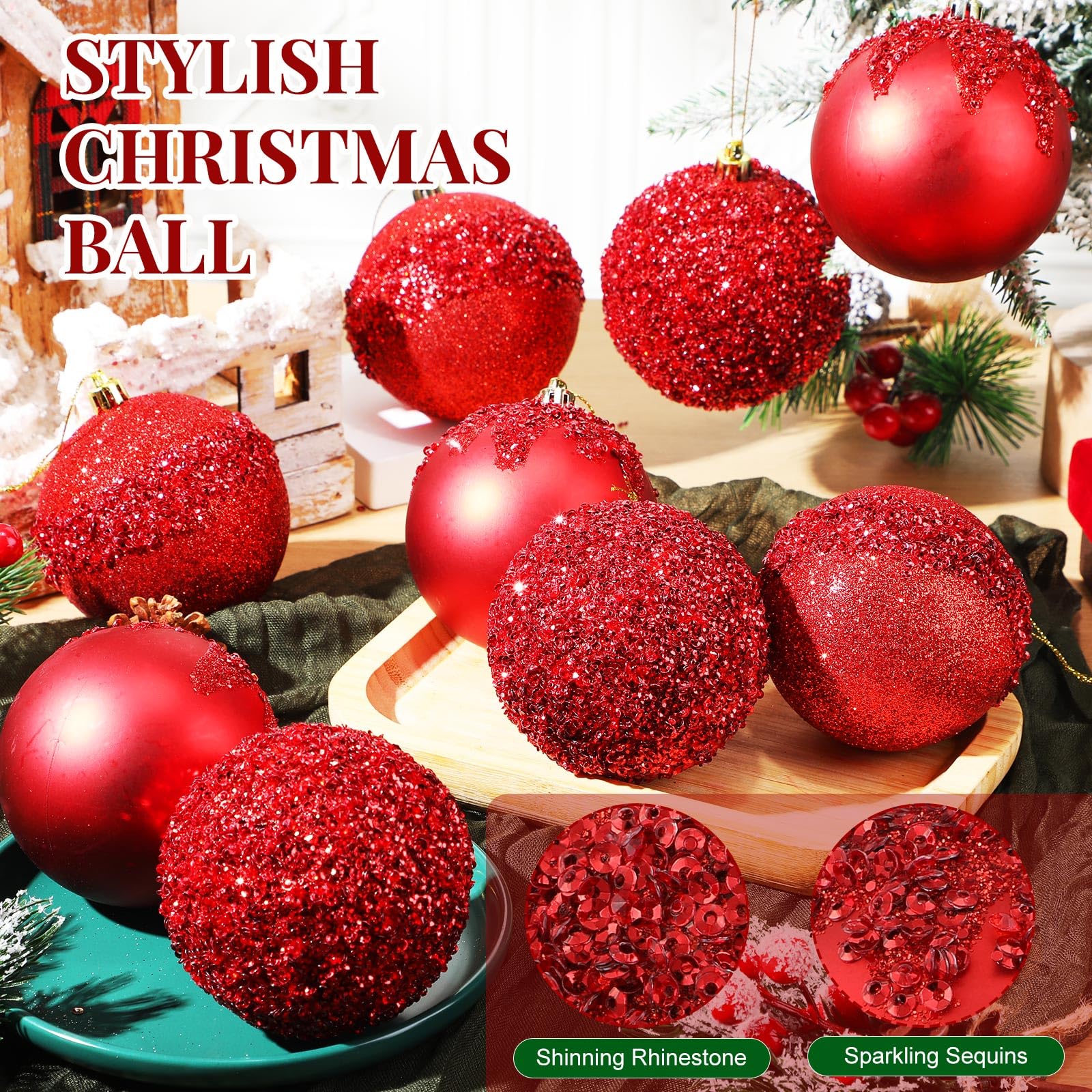 Syhood 12 adornos de bolas de Navidad con purpurina y lentejuelas de diamantes de imitación, bolas de Navidad colgantes para árboles de Navidad, bodas, fiestas, decoraciones de vacaciones (rojo, 3.15