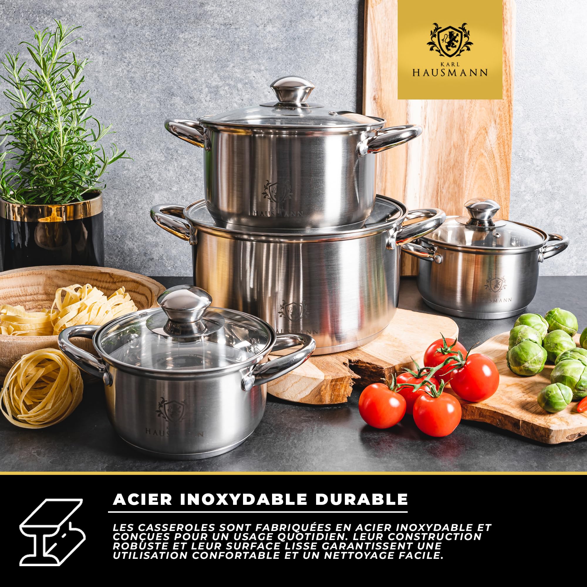 KARL HAUSMANN Lot de 4 Casseroles Induction Inox - Avec Couvercle Verre - Sans Revêtement - Compatibles Cuisinière, Gaz, Électrique - Graduation Intégrée - Set Casserole Tout Feux Cuisine