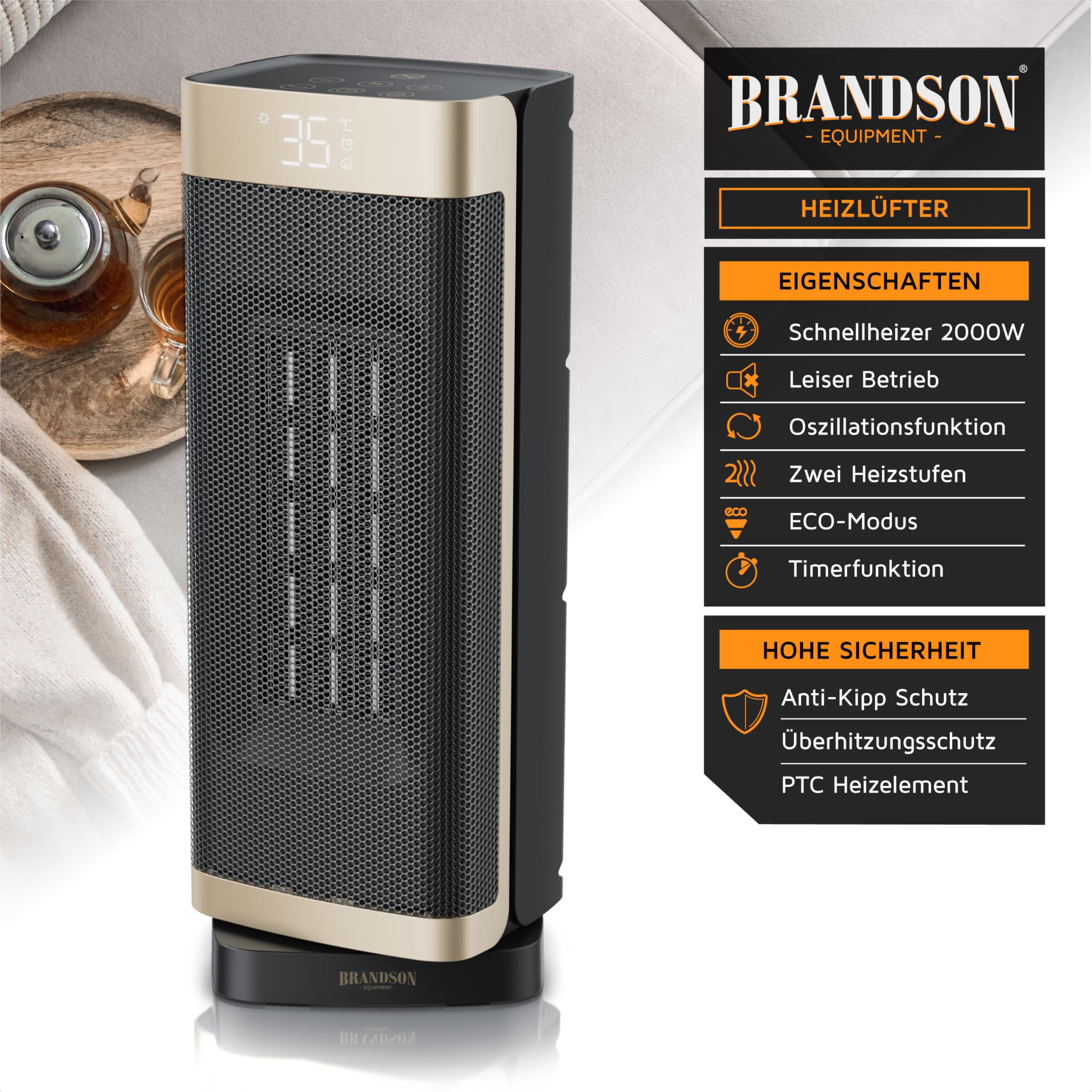 Brandson - Calefactor de bajo consumo silencioso - Oscilación - con mando a distancia - ganador del premio - Modo ECO - 2 niveles - Temporizador - Calentador cerámico - Baño Salón Oficina Habitación