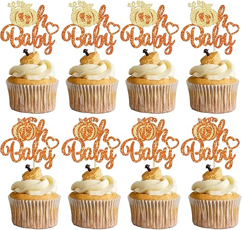 Gyufise 24 adornos para cupcakes con purpurina con temática de calabaza para baby shower, cumpleaños, cupcakes, decoraciones para otoño, Acción de