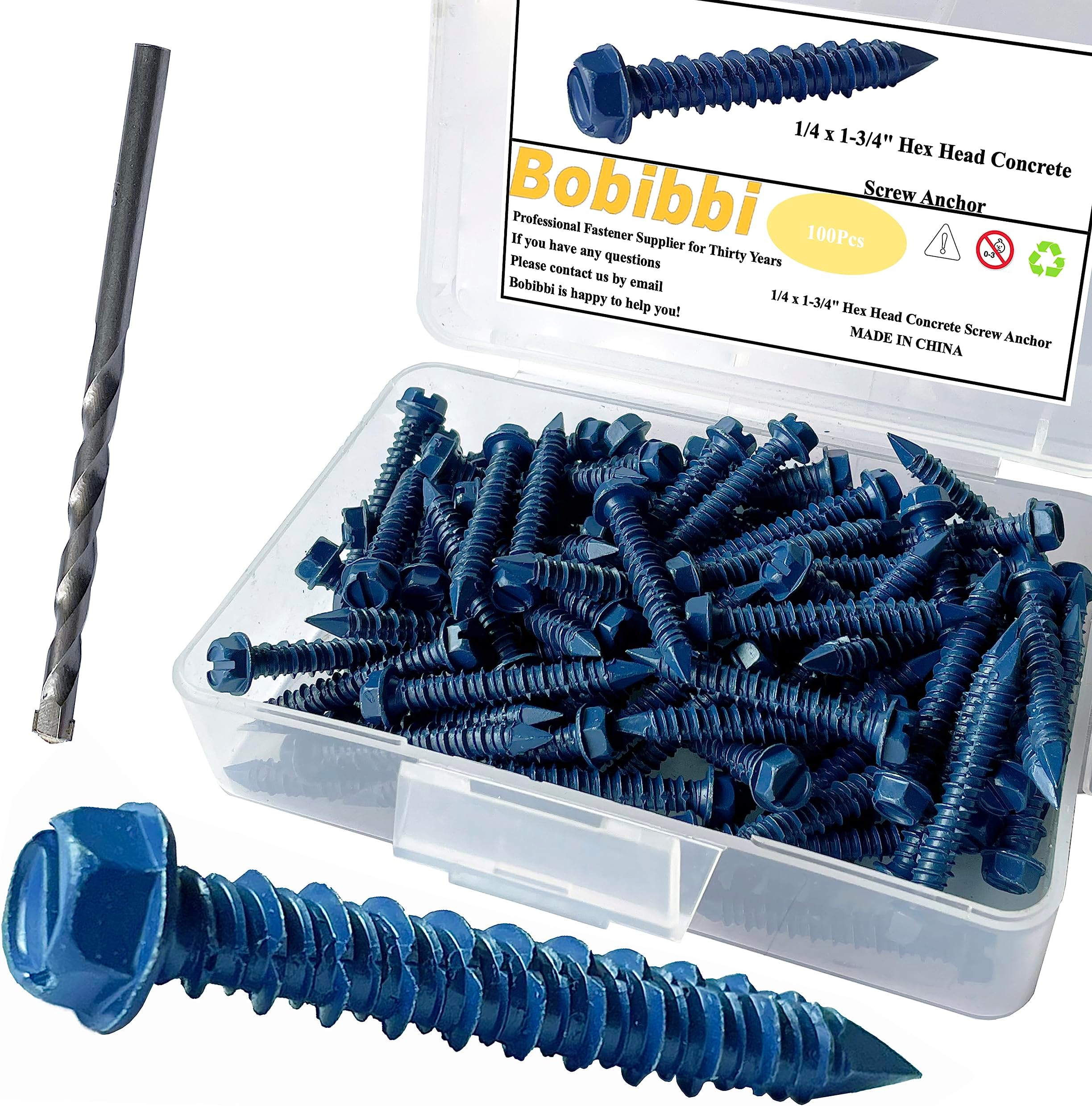 1/4 x 1-3/4" Hex Head Concrete Screw Anchor, for Anchoring to Masonry, Block or Brick (100Pcs)