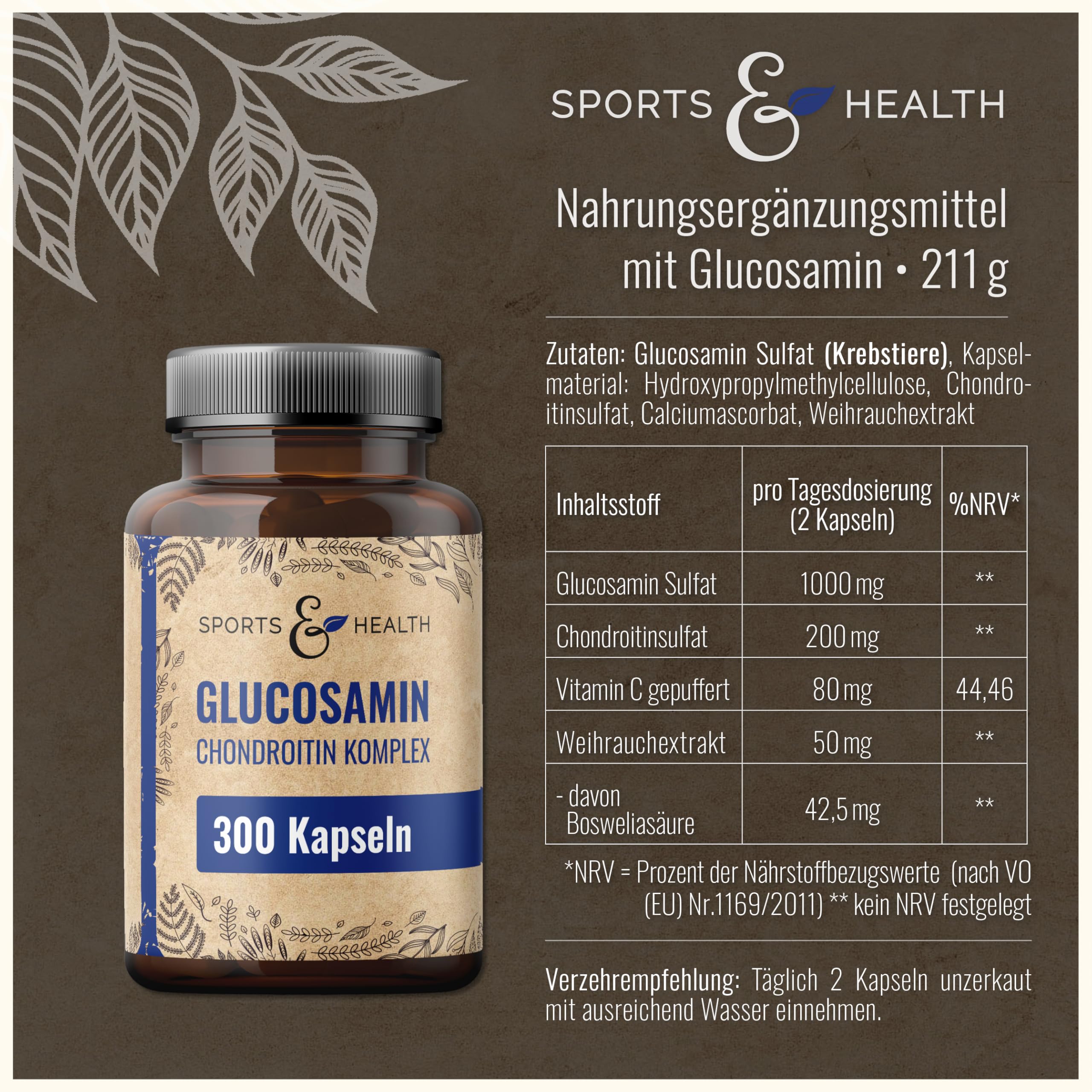 Glucosamin Chondroitin Komplex – 300 Reine Kapseln ohne Zusätze – 1000mg pro Tagesdosierung 5 Monate Vorrat – Glucosamin & Chondroitin Hochdosiert, Chondroitin-Glucosamine Chondroitinsulfat Glukosamin