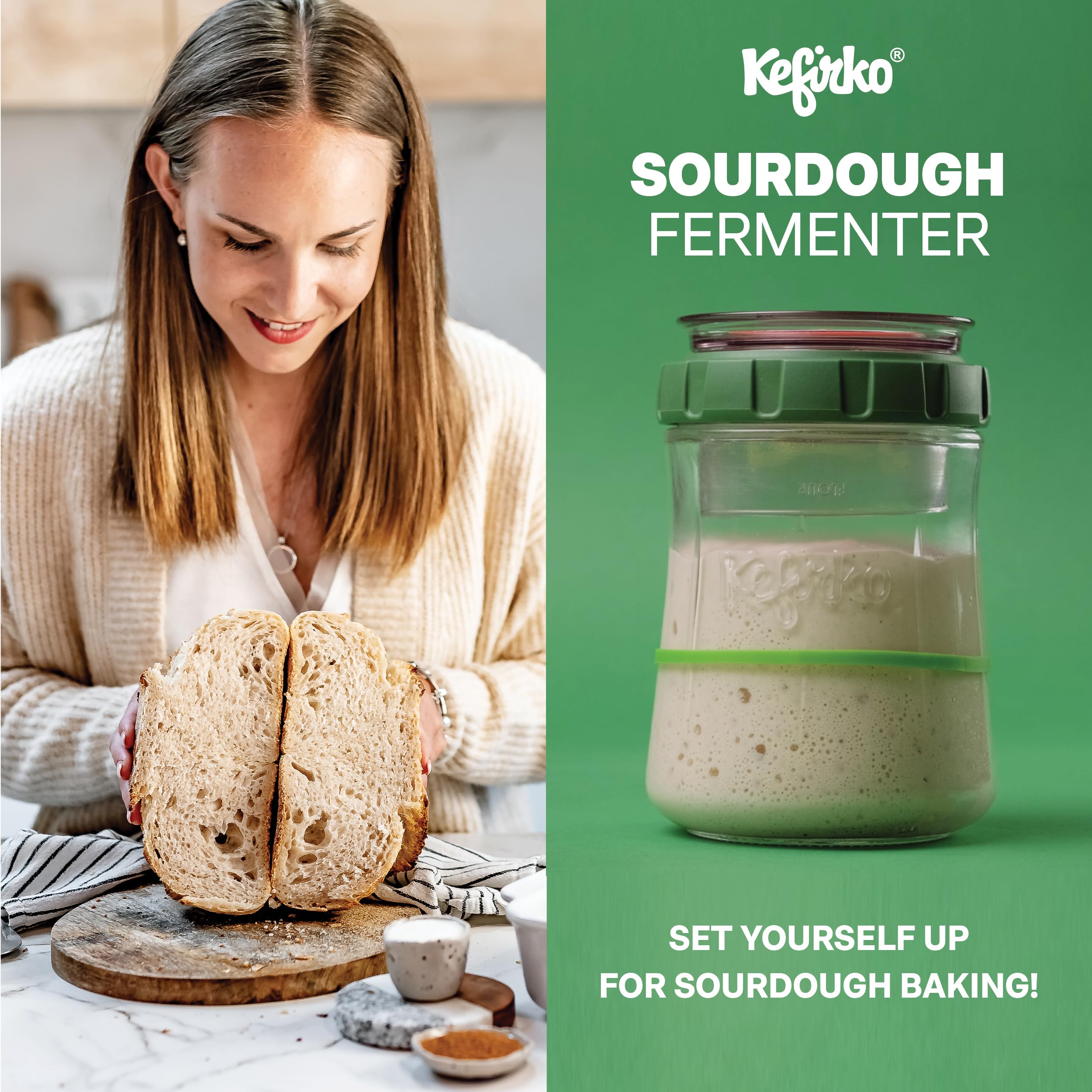 Kefirko Fermentador de masa madre 900 ml verde tarro de vidrio cuchara medidora reloj de fermentación