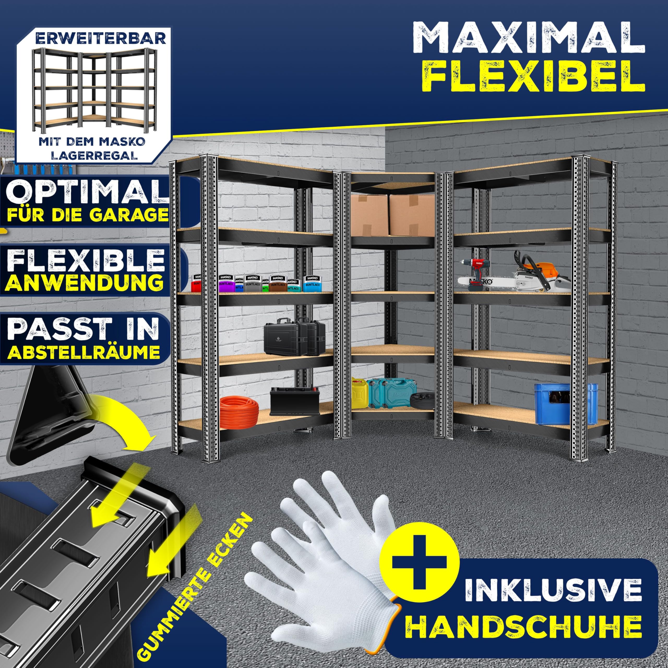 MASKO® Eckregal Lagerregal Schwerlastregal, Kellerregal, 180x75x40cm, bis 875 kg, 5 verstellbare Ablagen, MDF-Platten Regal aus Metall, Steckregal, Werkstattregal, Keller, Garage, + Handschuhe Schwarz