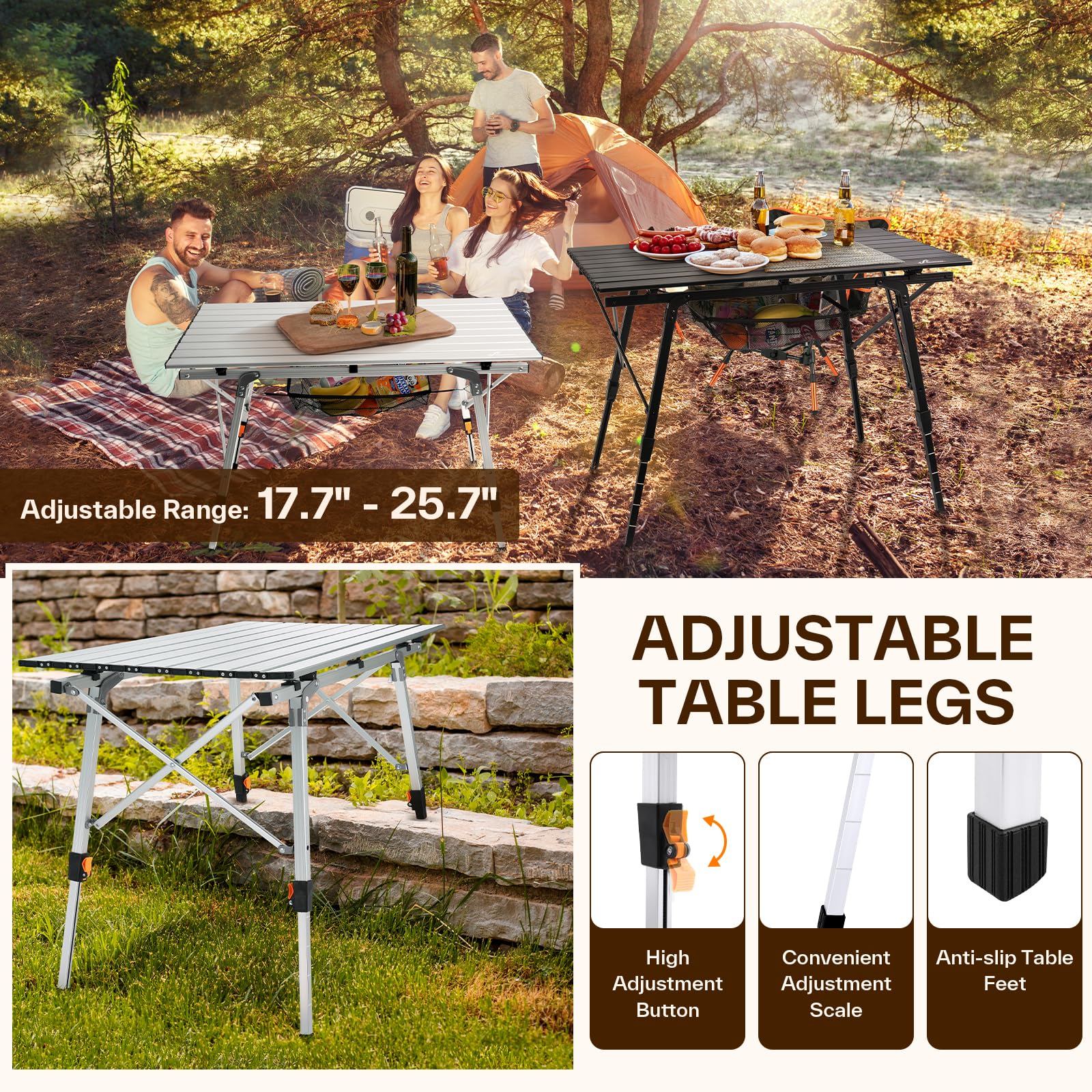 Sportneer Klapptisch Campingtisch für draußen:Tragbarer Picknicktisch mit Verstellbarer Höhe, Klappbarer Campingtisch mit aufrollbarer Aluminium Tischplatte zum Zelten Camping Garten Küche,Silber