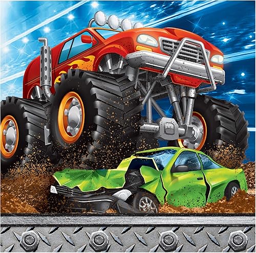 Miniatura 3 de Paquete de suministros para fiesta de Monster Truck: el paquete incluye platos de postre y servilletas para 16 personas en un diseño de rally de