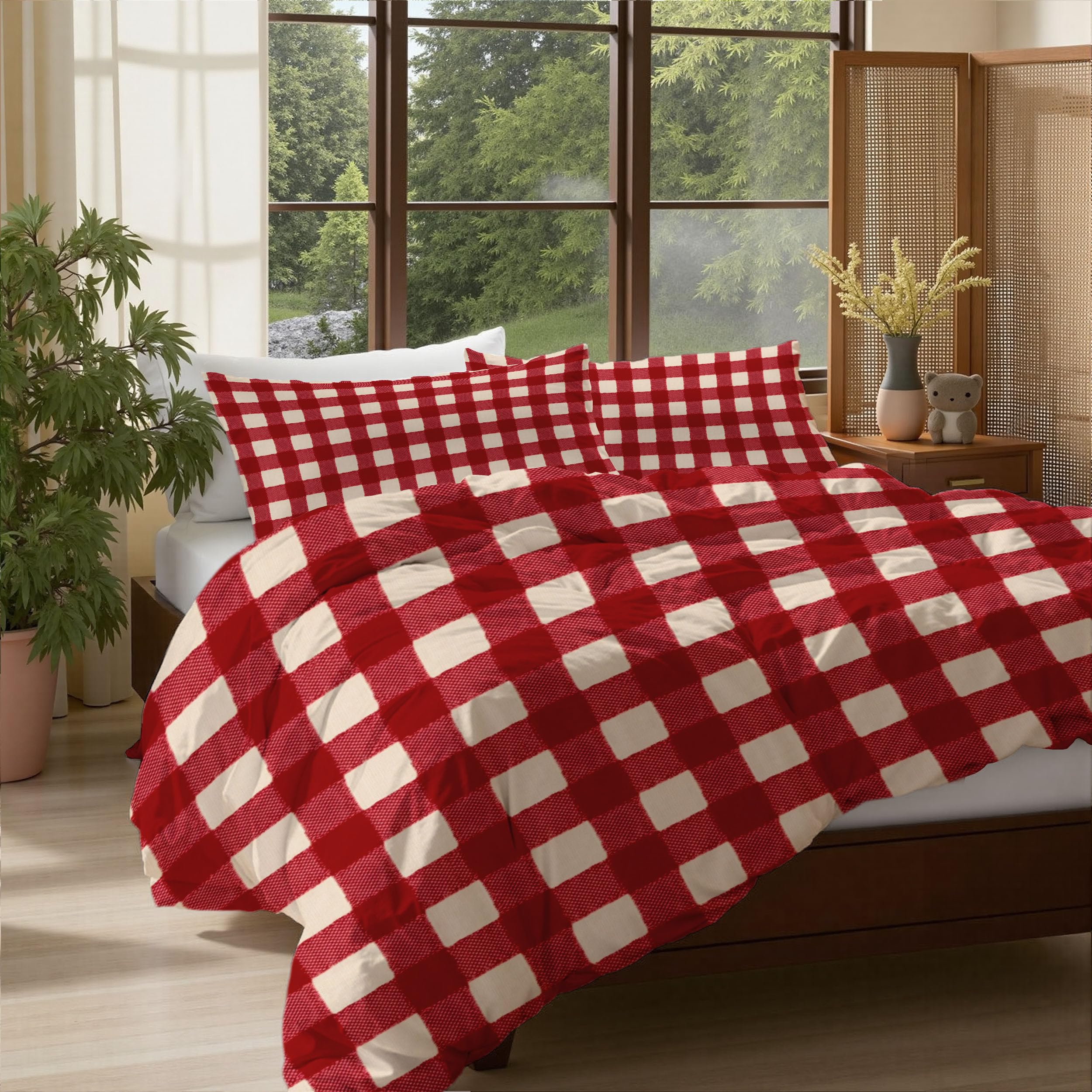 Parure de lit 2 personnes géométrique crème et rouge avec housse 140x200