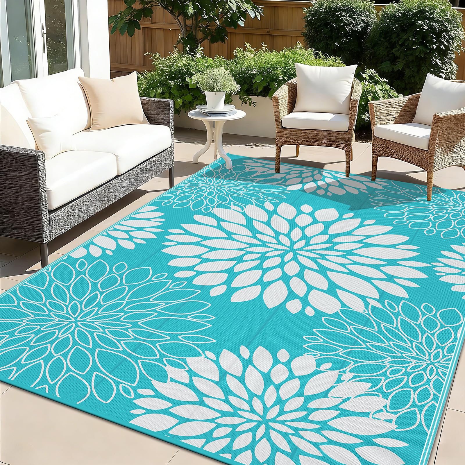 Ileading Waterproof Outdoor Rug 6x9 Floral Teal