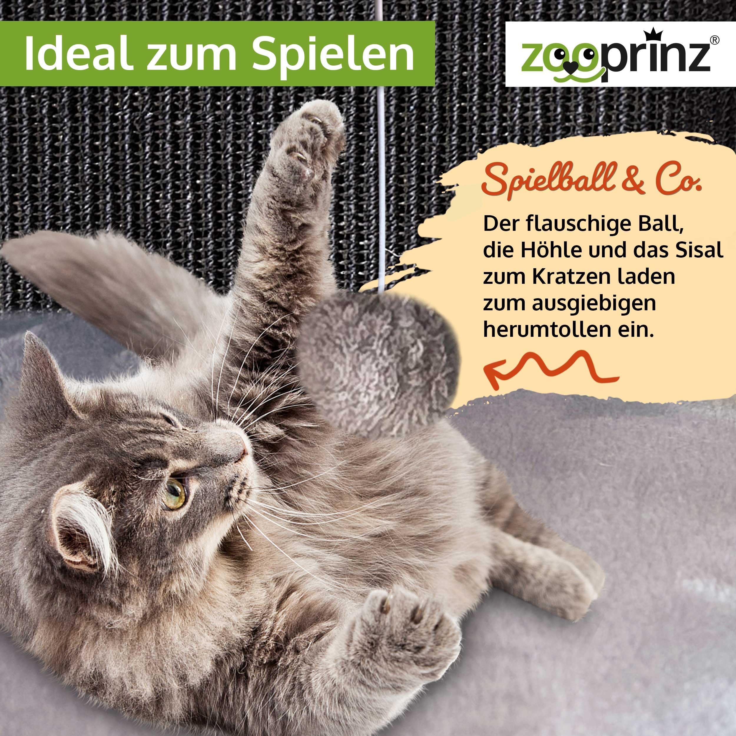 zooprinz Katzenhaus schwarz mit Sisal-Wänden und Plüsch | Katzenkorb und Katzenhöhle mit Spielball, Katzenbox und Katzenkiste im skandinavischen Look