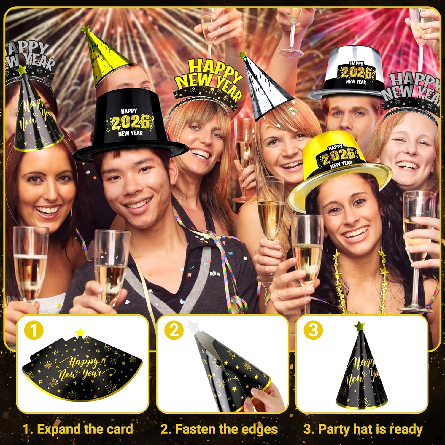 100PCS New Year's Party Supplies for 50 People - Headbands, Plastic Cardboard, 2026 Shiny Cone Hats, Horns, Fringed Blowouts - Gold, Silver, Black - Image 4