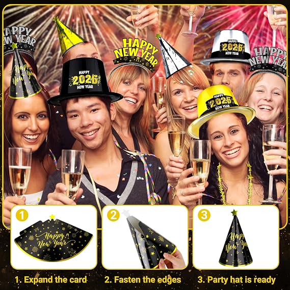 Traplace 30PCS NYE Party Supplies, New Years Eve Party Favors 12 Guests, Plastic New Years Party Hats, 2026 NYE Headband Gold Silver Black Foil Blowouts Star Cone Hat Horns Necklace Gathering