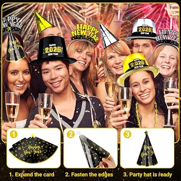 Traplace 30PCS NYE Party Supplies, New Years Eve Party Favors 12 Guests, Plastic New Years Party Hats, 2026 NYE Headband Gold Silver Black Foil Blowouts Star Cone Hat Horns Necklace Gathering