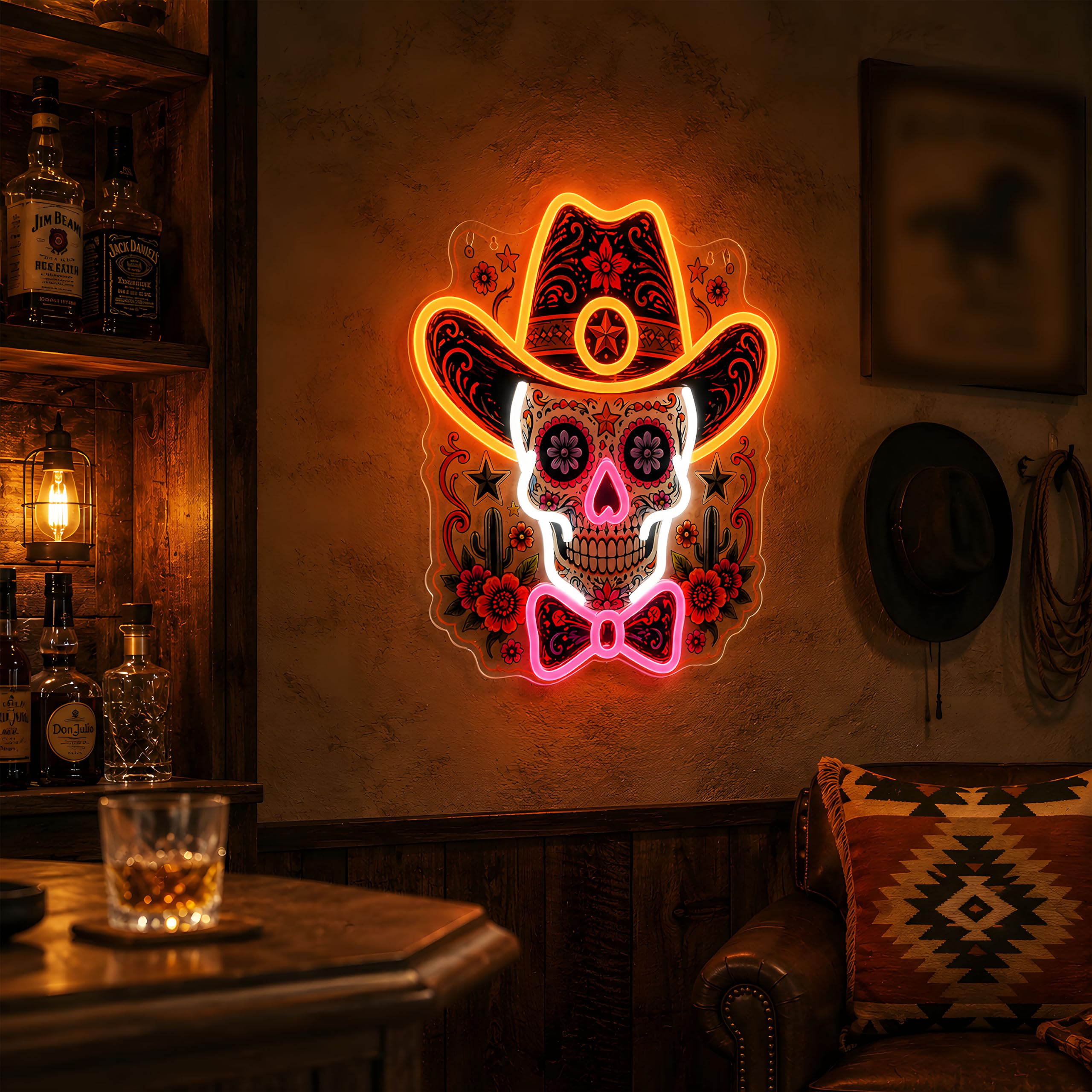 Insegna al neon con teschio da cowboy, luce LED da parete per decorazione messicana, alimentata tramite USB, dimmerabile, luce al neon per il giorno dei morti, Halloween, bar di casa, idea regalo per