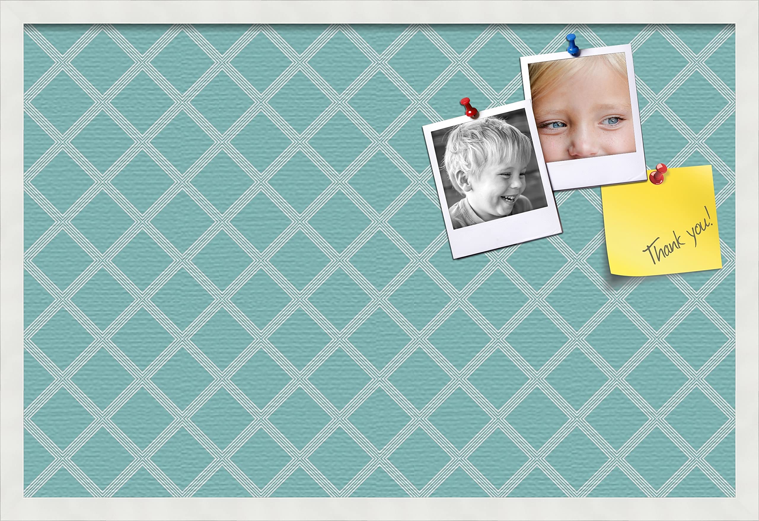 PinPix pin Cork Bulletin Board Made from Canvas, Diamond Modern Pattern Aqua White 30x20 Inches (Completed Size) and Framed in Satin White Frame (PinPix-Group-87)