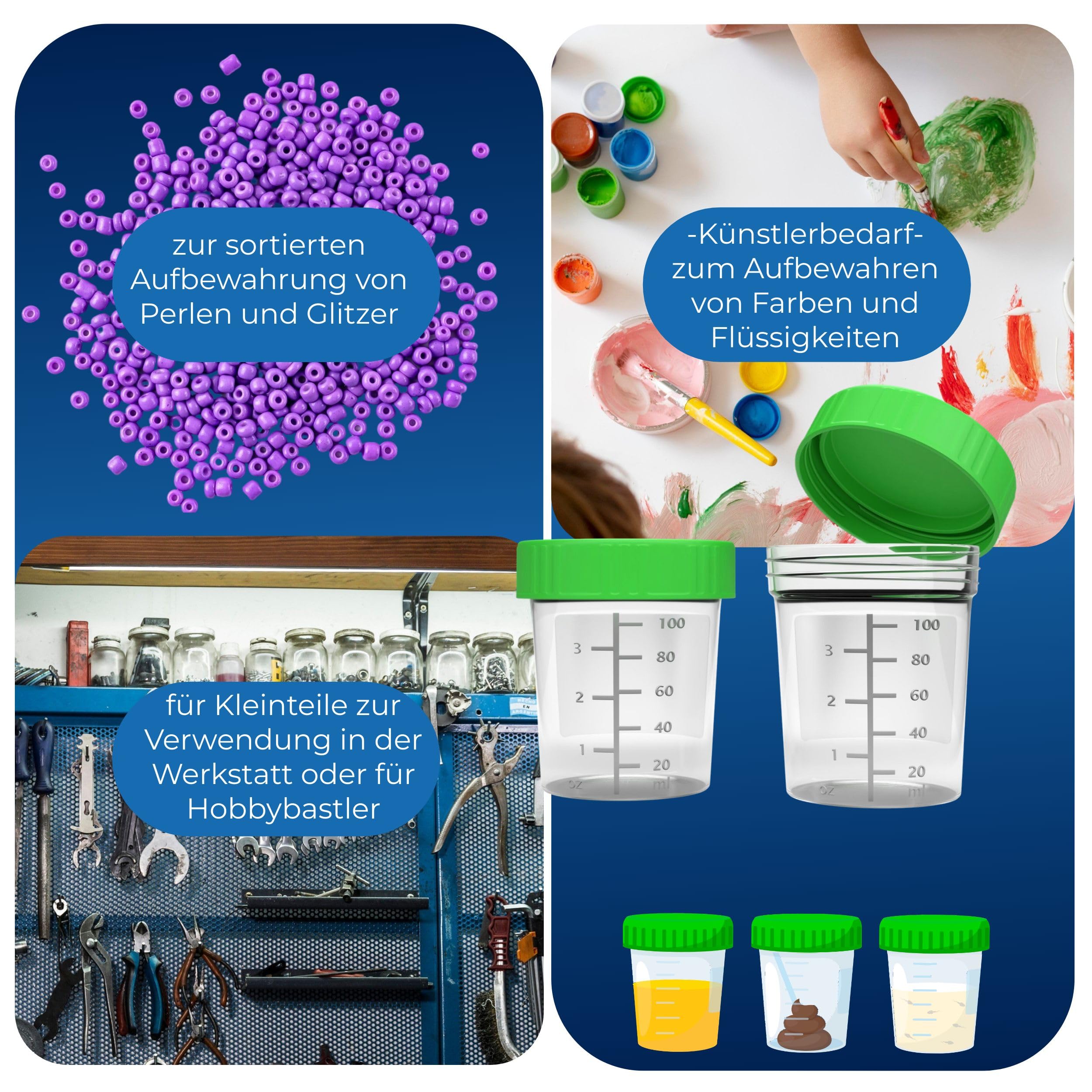 Urinbecher/Probenbecher mit Schraubverschluss 125ml Fassungsvermögen, Maßtabelle bis 100ml/3oz, beschriftbar (100Stk)