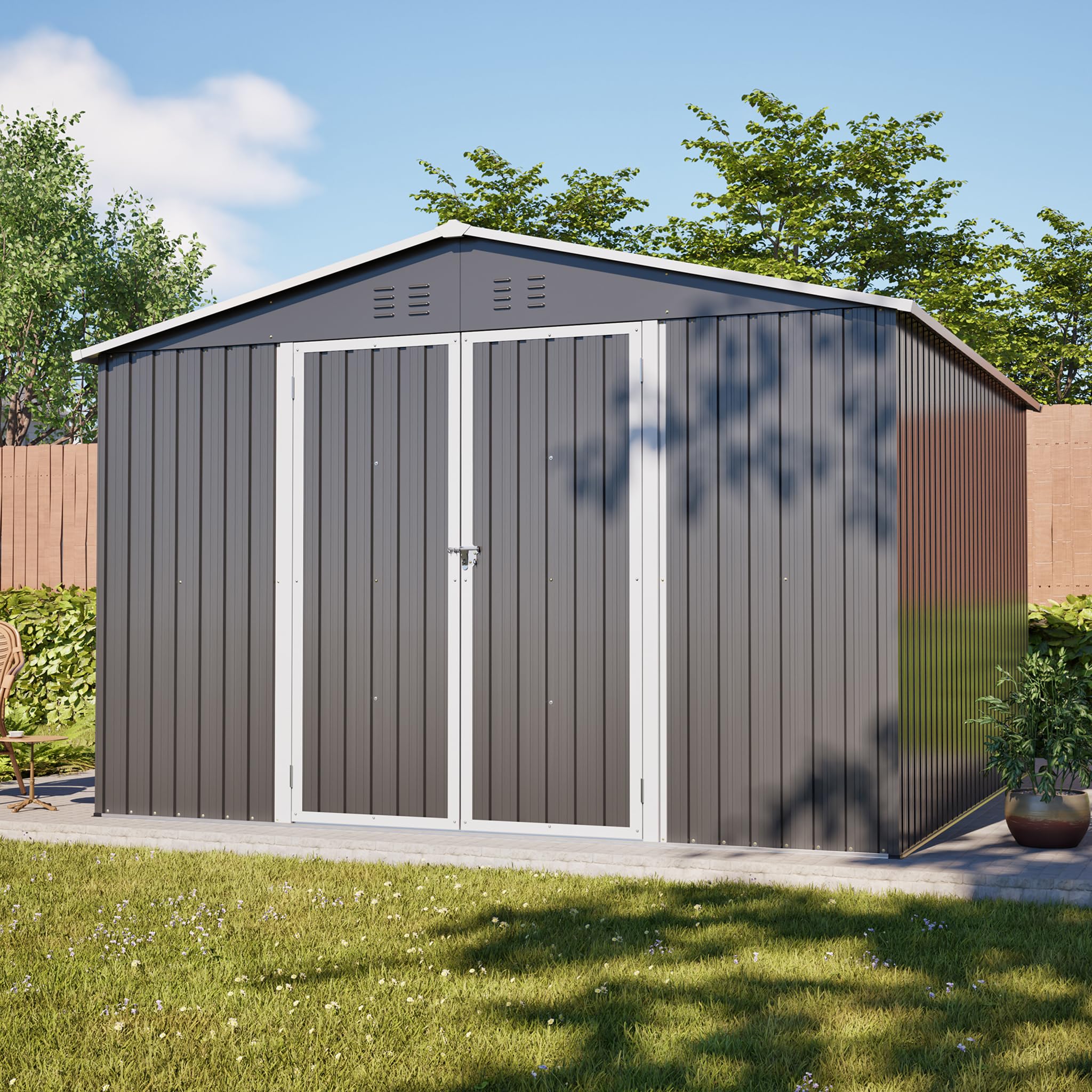 Metall Gerätehaus 300x300 cm Anthrazit, abschließbarer Gartenschuppen mit Bodenrahmen, wetterfester Stahl Geräteschuppen, Fahrradgarage