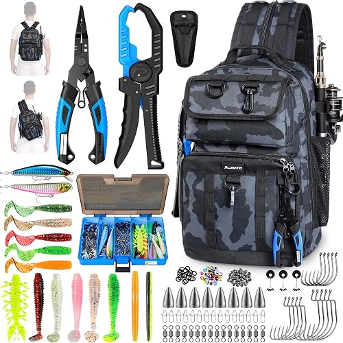 PLUSINNO Fishing Backpack with Fishing Gear, Tackle Box, Fish Accessories & Tools, Waterproof Sling Tackle Bag with Rod Holders, Lures for Freshwater/Saltwater, Fish Gifts for Men