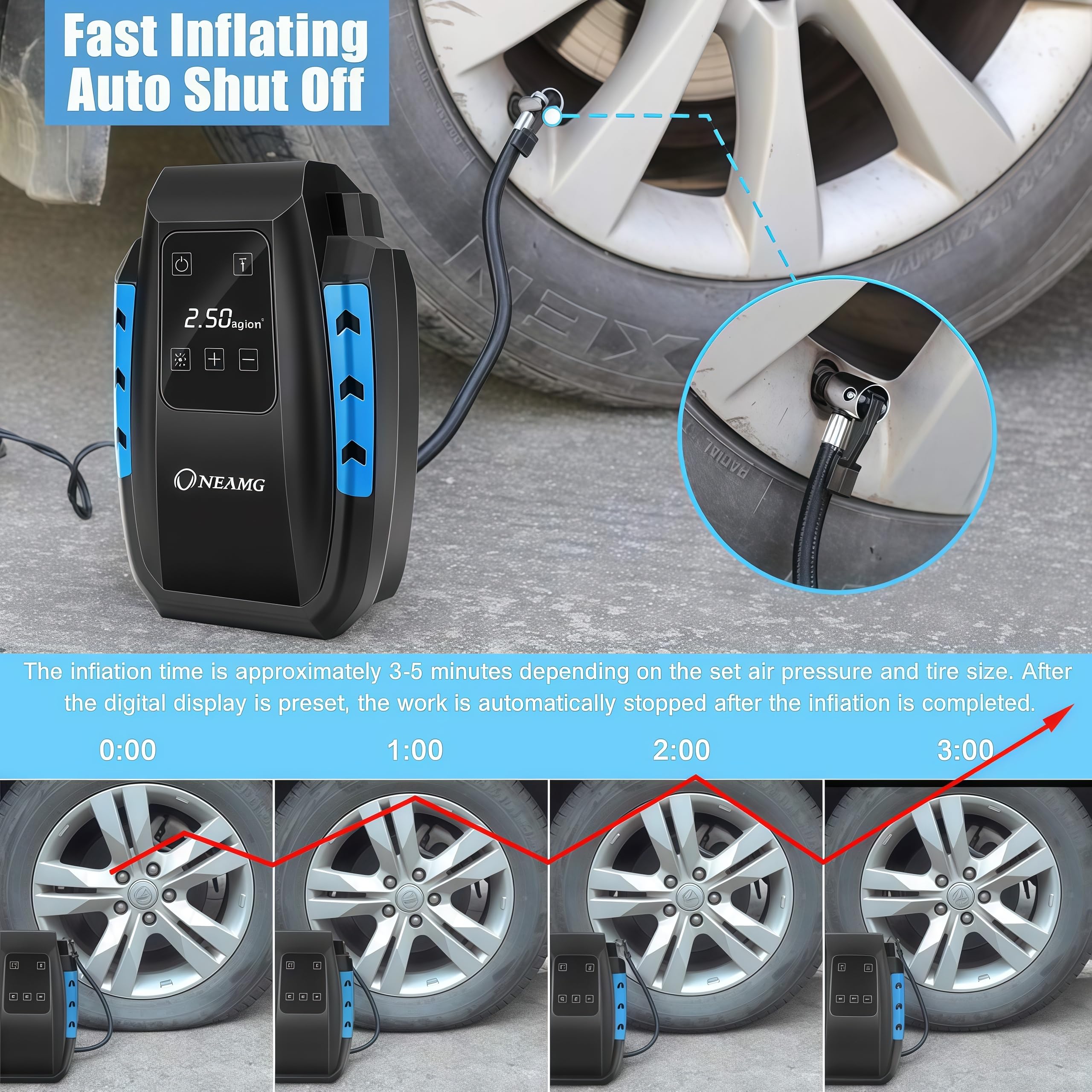 Compresseur à Air Portatif 12V 150W, Gonfleur Pneus Voiture-Bleu | Digital Portable Auto Gonfleur Electrique, Compresseur Air Numérique avec Lampe LED, 3M Câble pour Voiture Vélo