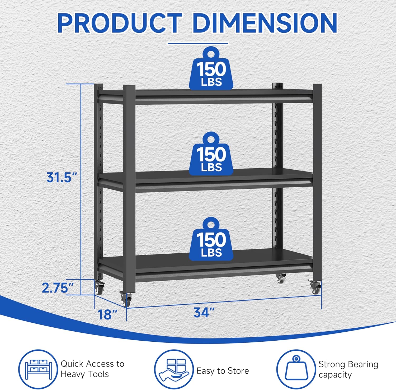 3 Tier Adjustable Garage Storage Shelving,Heavy Duty Utility Rack Shelf Unit on 4 Wheel Casters,Standing shelves for Garage, Home, Pantry,Kitchen,Warehouse,Bathroom & Laundry,Storage Rack - Black - Image 2