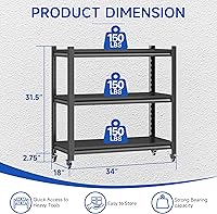 Vista 2 de Estantería de almacenamiento de garaje ajustable de 3 niveles, estante resistente con 4 ruedas, estantes de pie para garaje, hogar, despensa