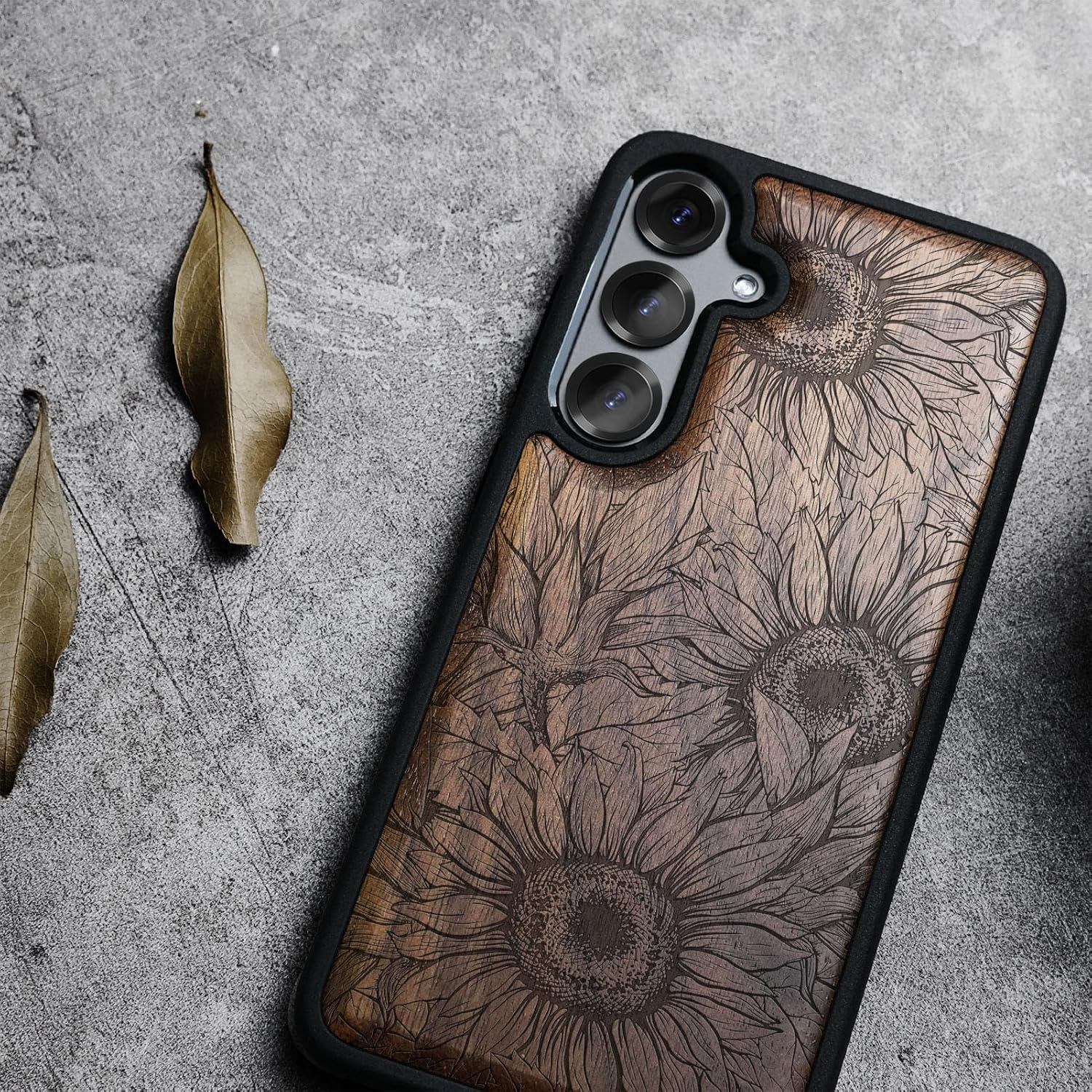 Carveit Magnetic Wooden Case for Galaxy S25+ Samsung S25 Plus Case, TPU Shockproof Cover & Wood Engraved, Compatible with MagSafe Wireless Chargers (The Helianthus Sketch) Walnut