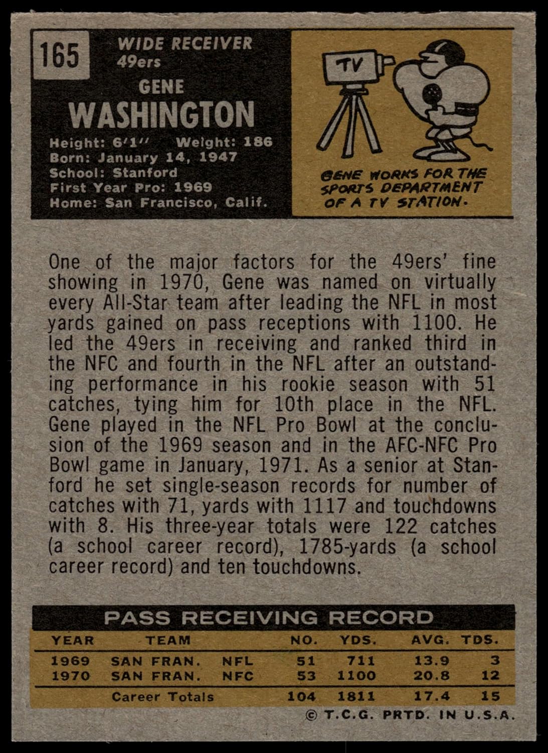 1971 Topps #165 Gene Washington San Francisco 49ers (Football Card) NM 49ers Stanford