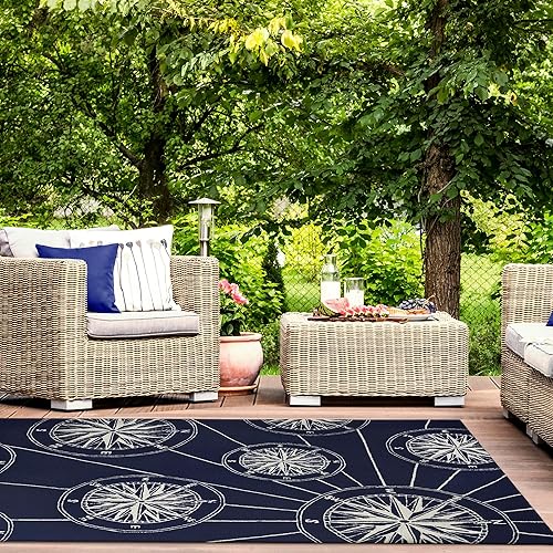 Liora Manne Compass - Alfombra azul marino para porche delantero para interiores y exteriores, 5 pies x 7 pies 6 pulgadas
