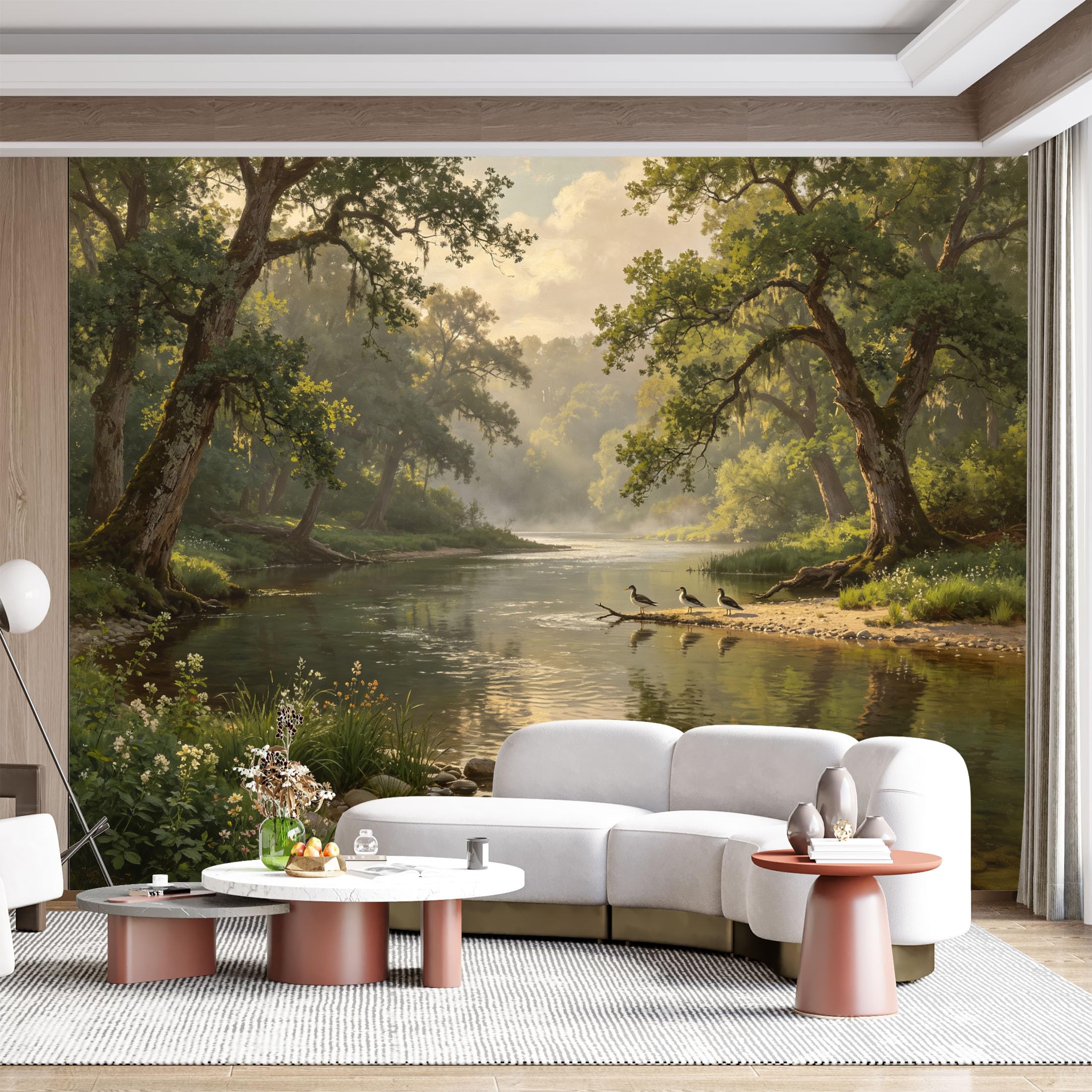 Custom Size Wall Mural Serene River Forest Landscape Foggy Morning Watercolor Oil Painting SelfAdhesive Wall Fabric Removable for Home Office Decor