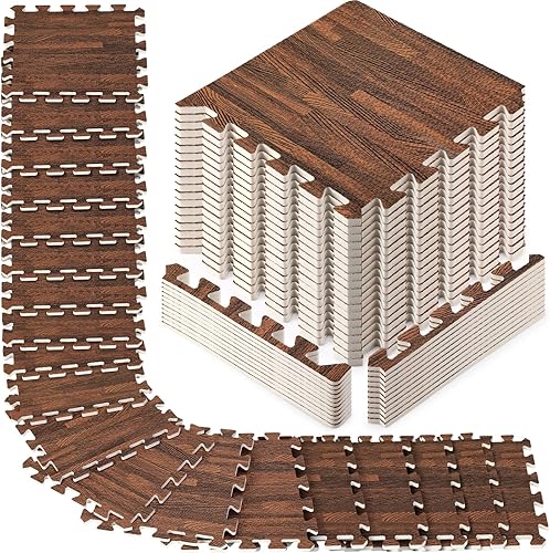 Miniatura 8 de Tinideya 48 azulejos de espuma impresos de 12 x 12 pulgadas, tapetes de espuma entrelazados de grano de madera, azulejos de EVA, acolchado