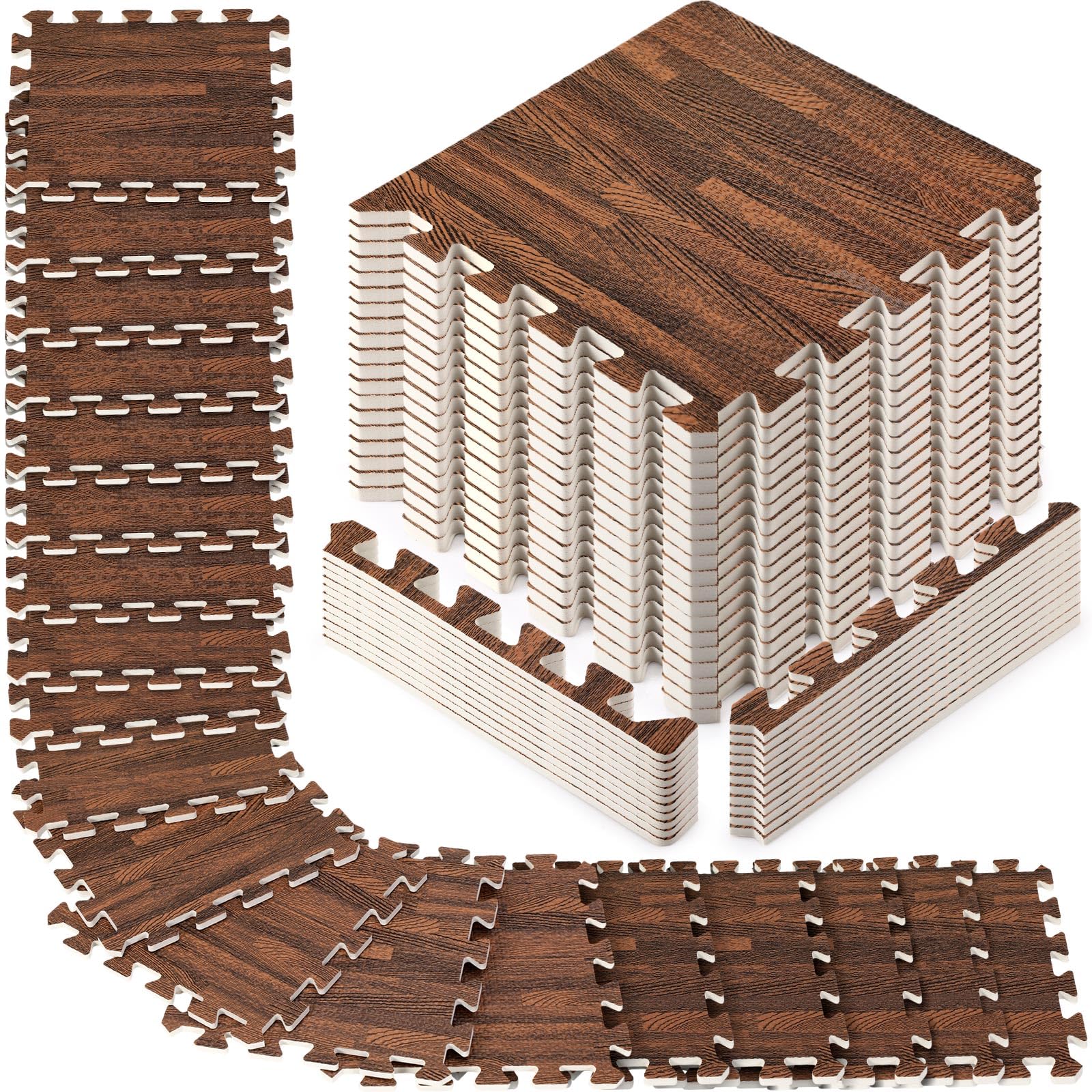 48 Pcs Printed Foam Tiles 12 x 12 Inch Interlocking Foam Mats Wood Grain Puzzle Floor Mat Tiles EVA Floor Padding Exercise Flooring with Border for Home Gym Playroom Baby Kids(Walnut)
