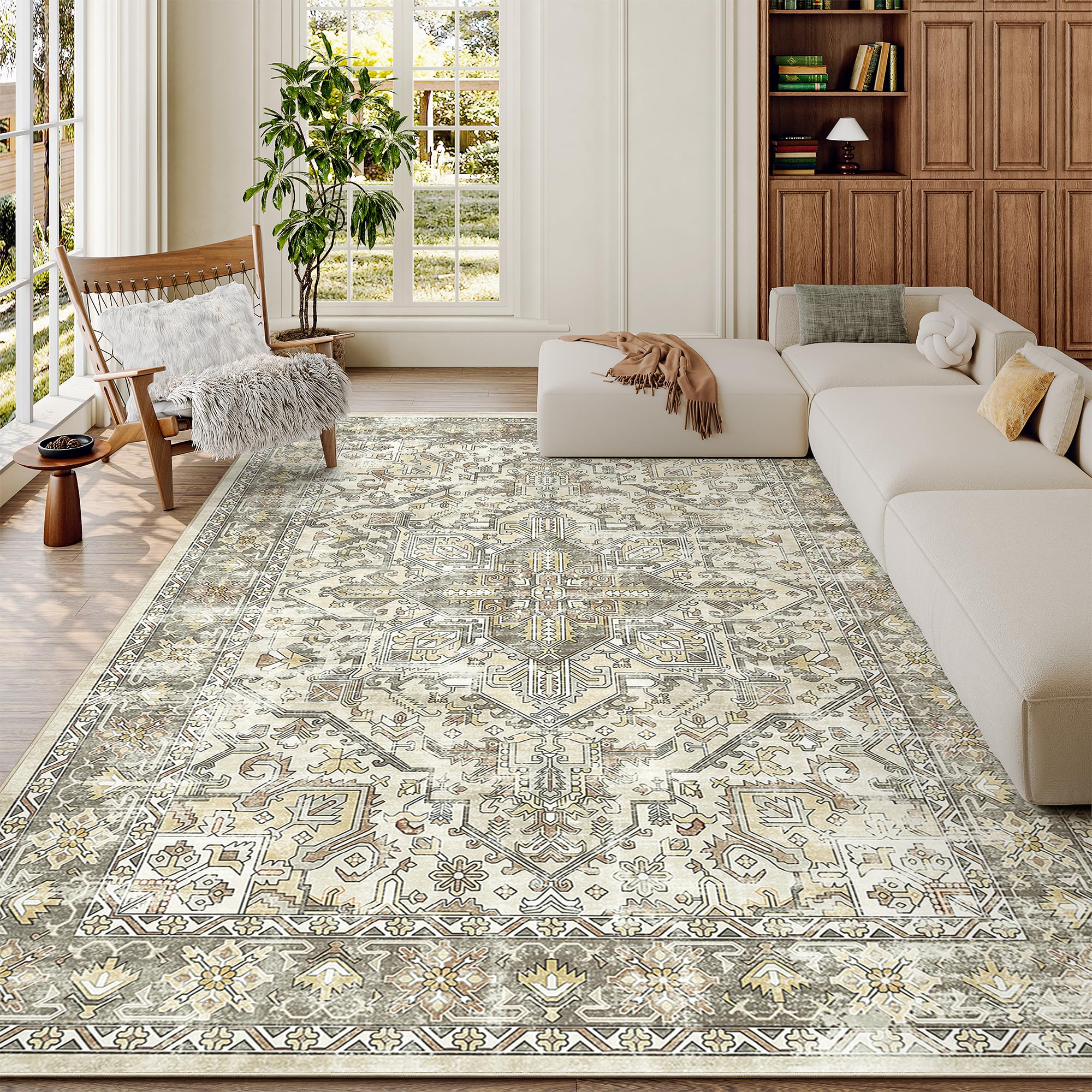 zesthome 6x9 Area Rug, Super Soft Washable Rugs for Living Room, Non-Slip Stain Resistant Vintage Rugs, Ultra-Thin Large Area Rugs (Beige/Brown,6'x9')