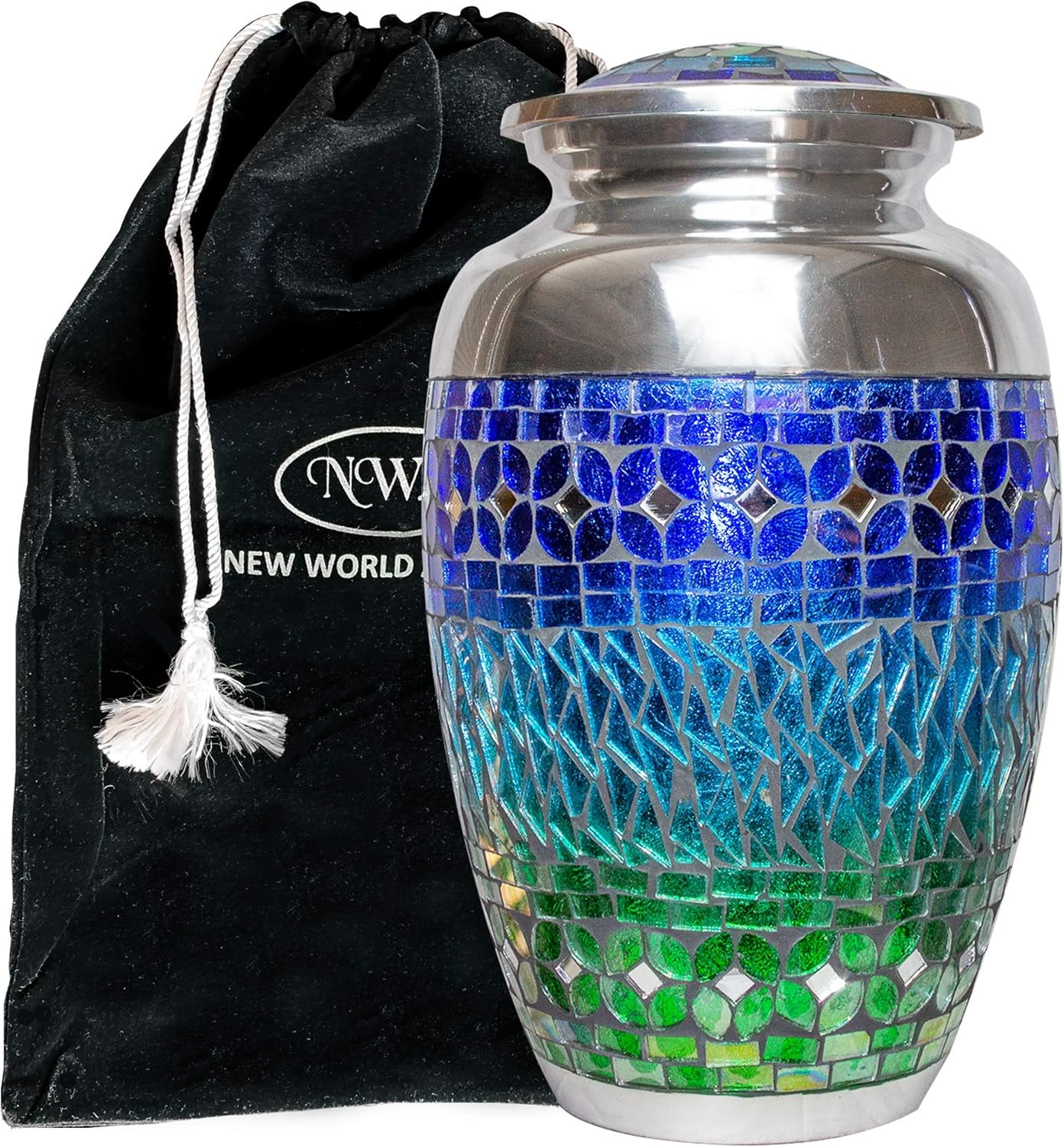 Blue Cremation Urn, Large Mosaic Funeral Urn for Human Ashes with Personalization and Bag