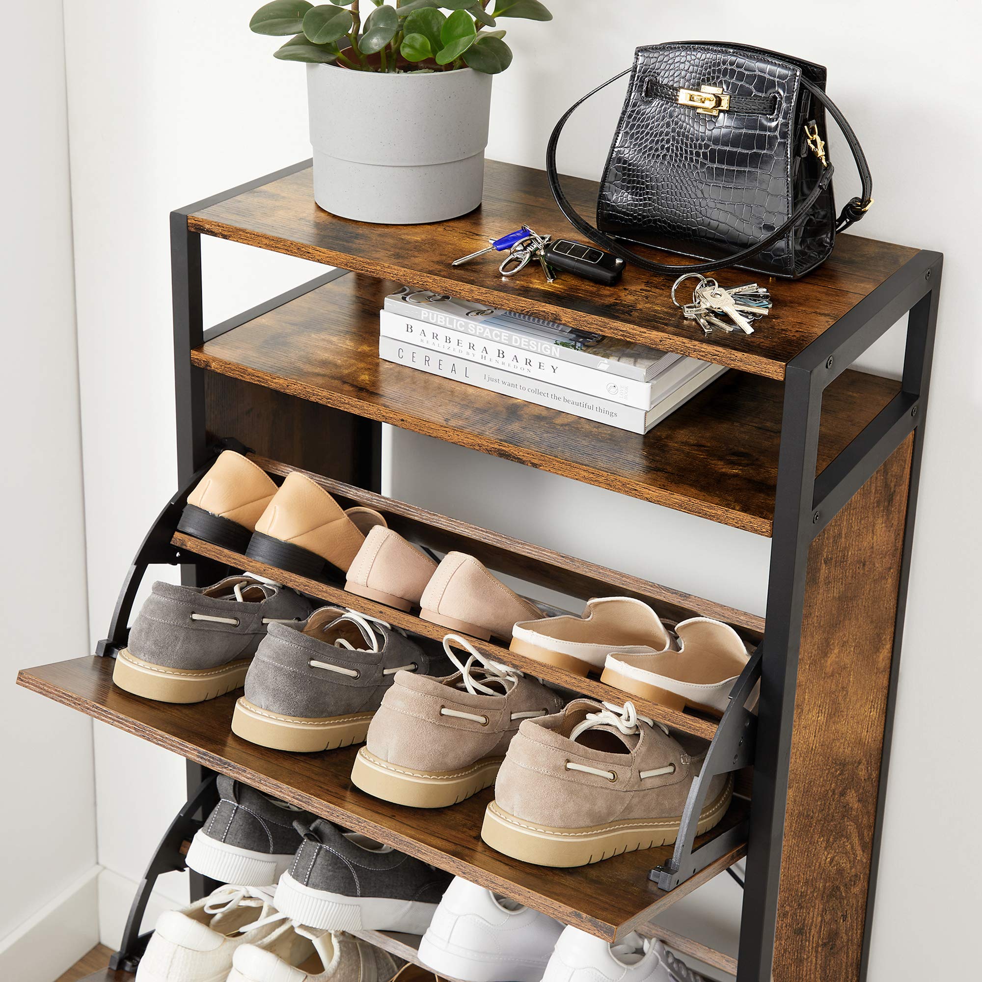 VASAGLE Armario Zapatero, Organizador de Zapatos con 3 Compartimentos Abatibles, para 12-18 Pares de Zapatos, a Prueba de Polvo, 30 x 60 x 130 cm, Entrada, Marrón Rústico y Negro LBS101B01