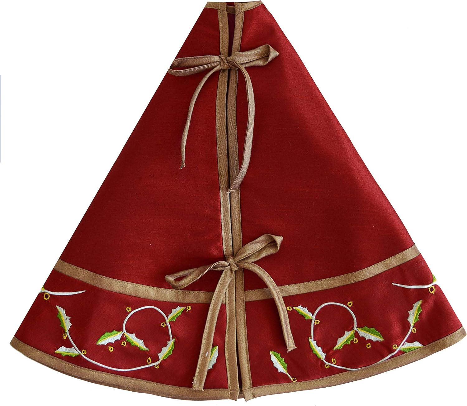 Linen Slub Look Fabric, Embroidery Holly Leaves Style Red Christmas Tree Skirt-50inch