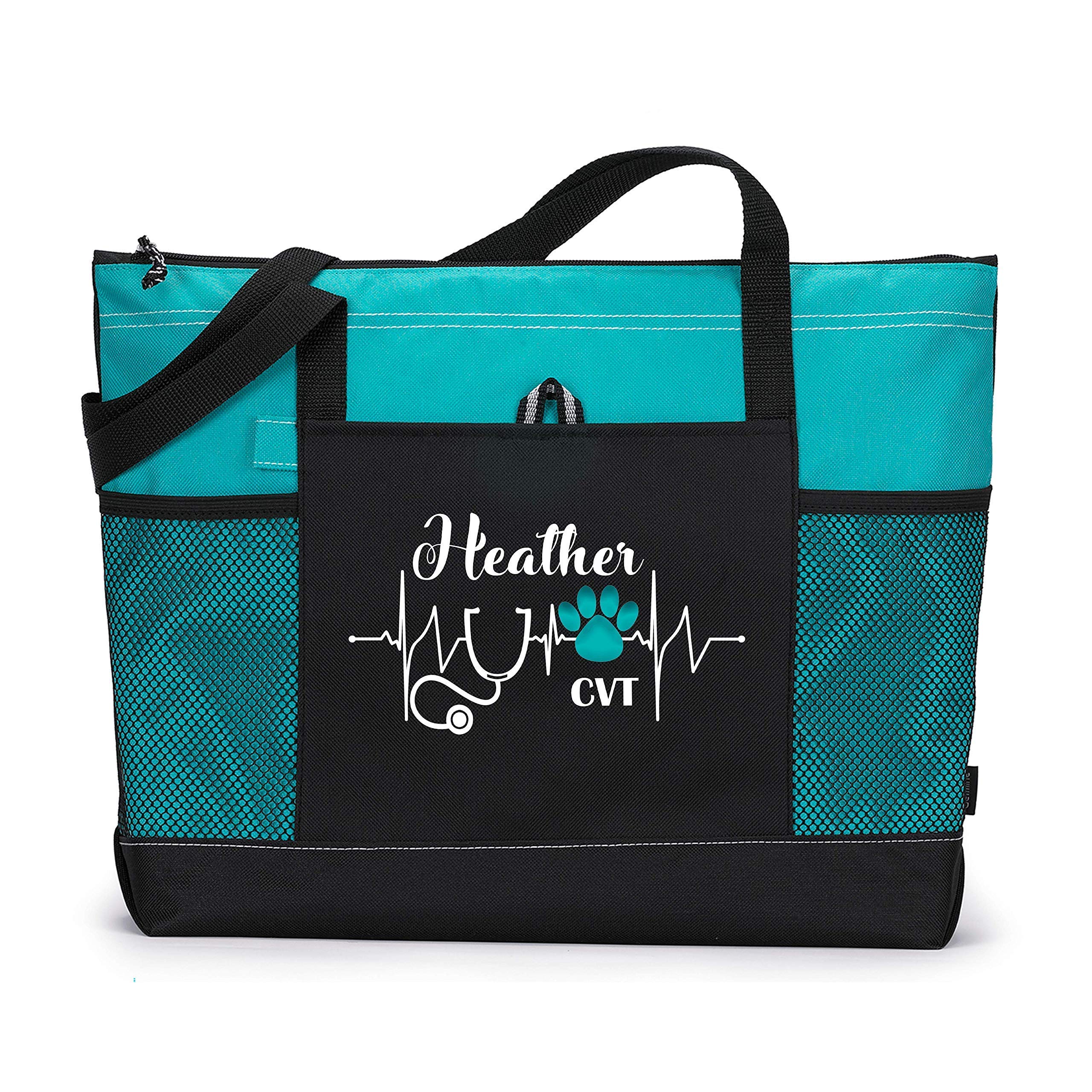 Vet Tech, Veterinarian Personalized Tote Bag with Mesh Pockets, Custom Printed Heartbeat Stethoscope Paw Print