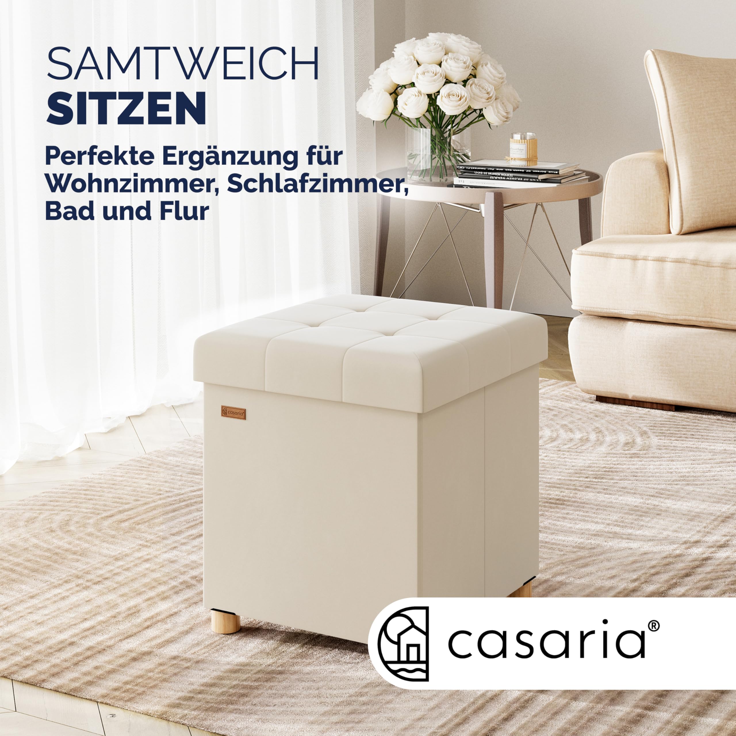 Casaria® Hocker mit Stauraum Samt Beige Faltbar inkl. Füßen 38x38cm 300kg Belastbarkeit Wohnzimmer Schlafzimmer Flur Sitzhocker Fußhocker Polsterhocker